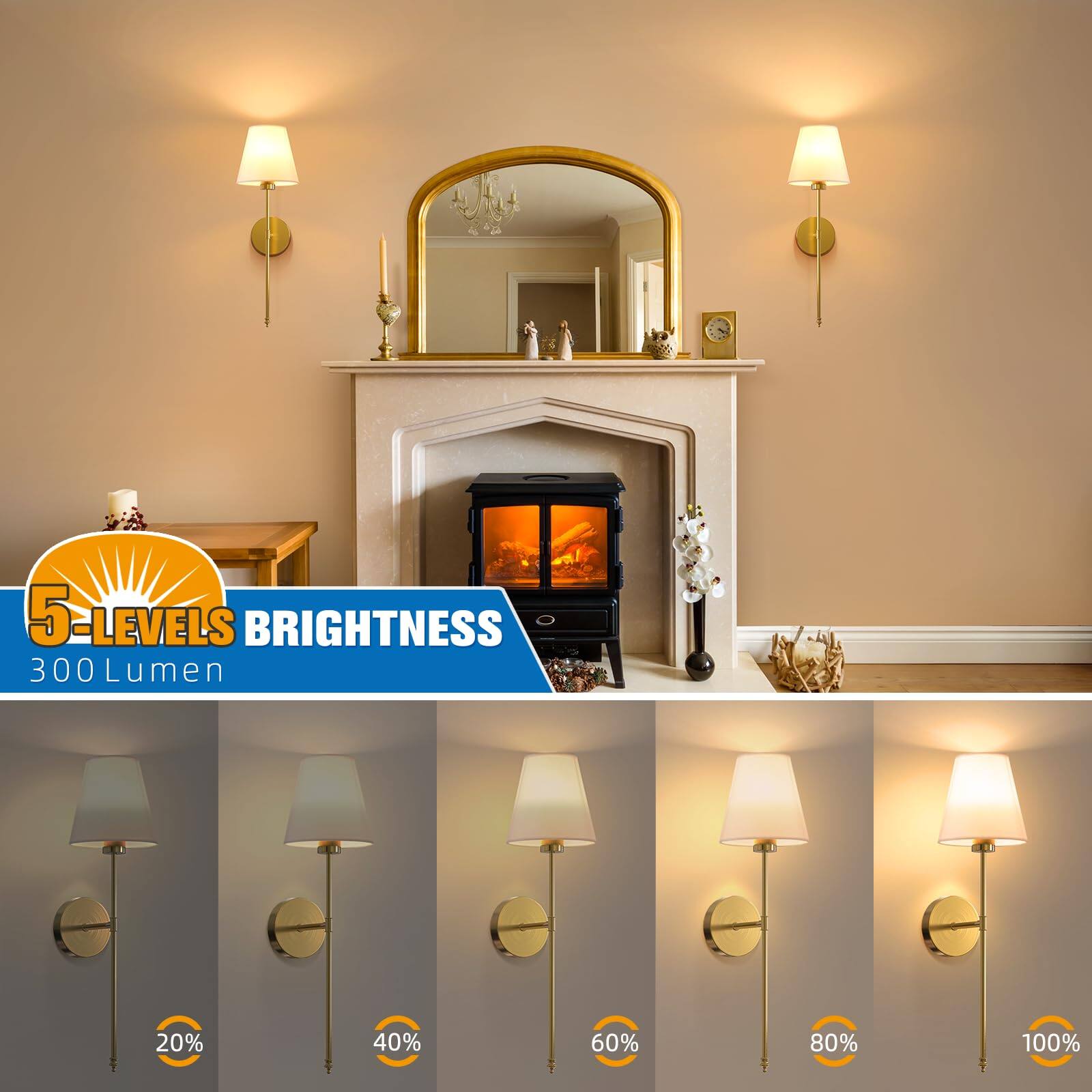 5 Levels Brightness  
300 Lumens  

20%  
40%  
60%  
80%  
100%