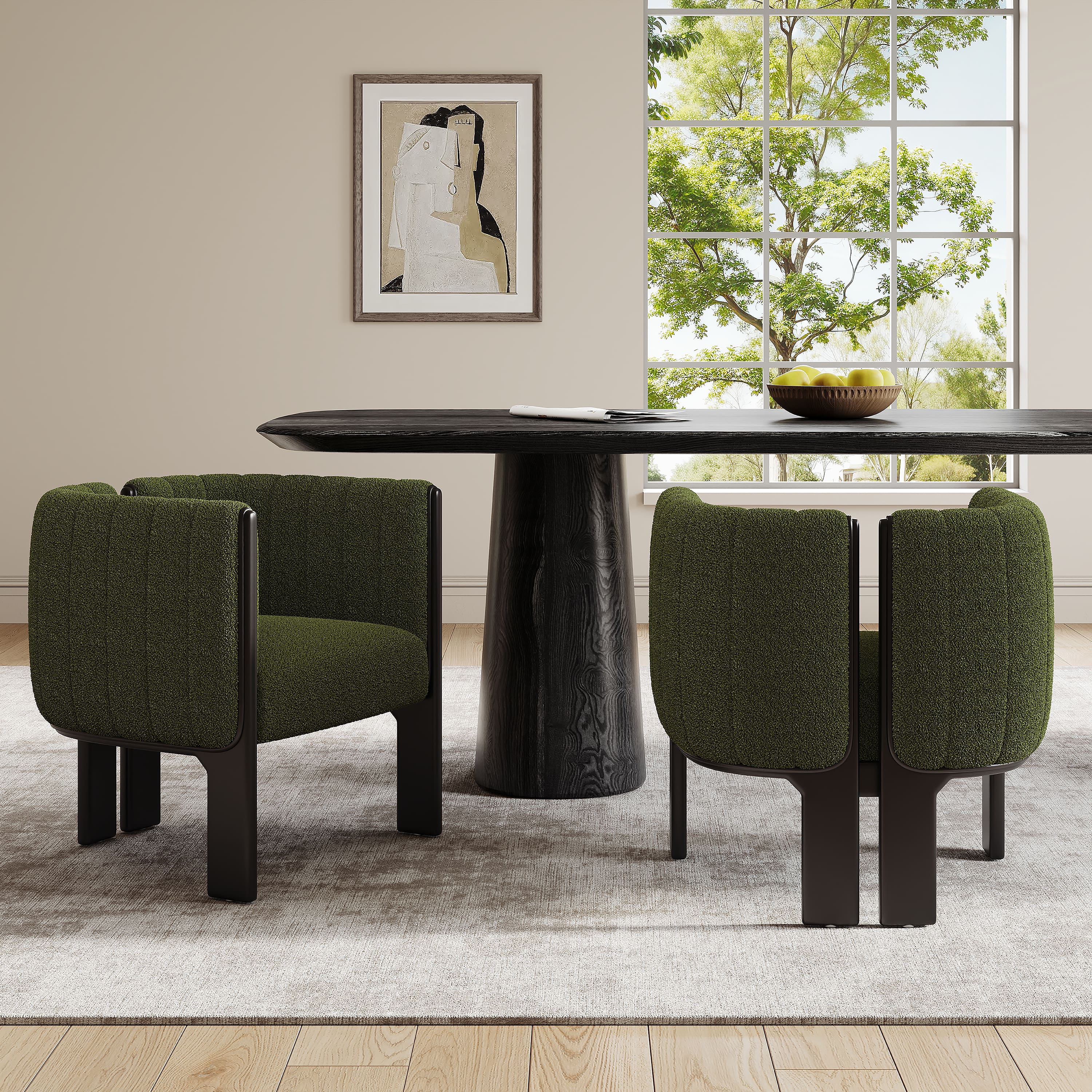 TinyHomie - Dining Chairs Set of 2 Modern Stylish Seating with Black Rubber Wood Frame and Olive Green Boucle Fabric 225lbs Capacity - Black and Olive Green