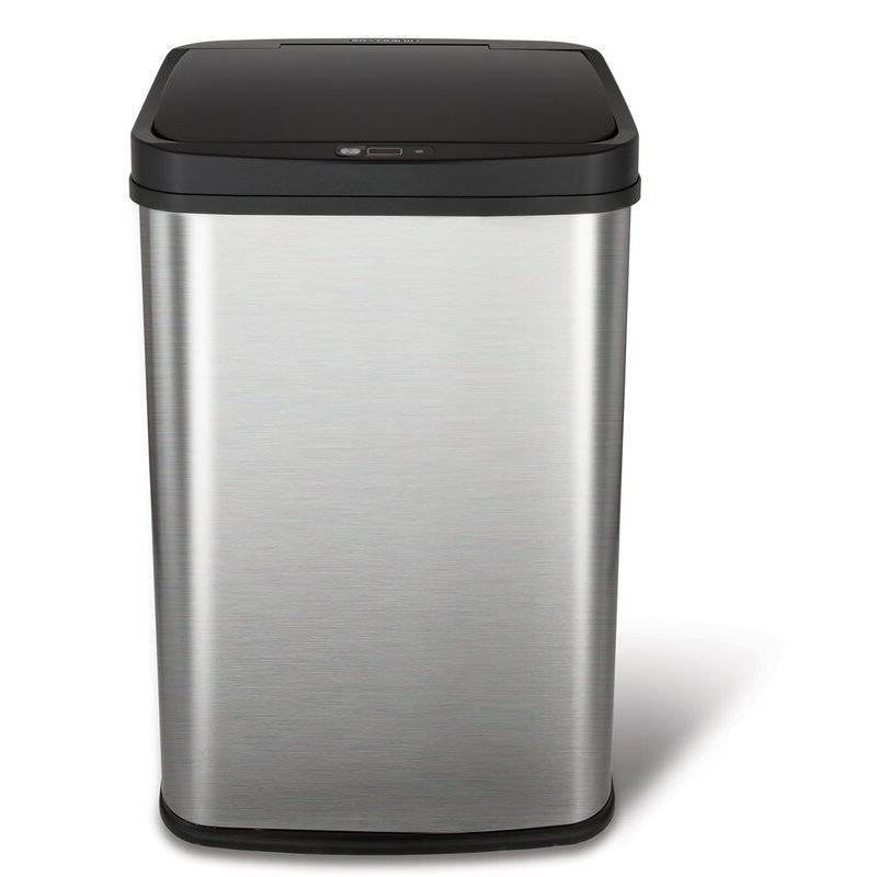 Angle. Hivvago - Black Top 13-Gallon Stainless Steel Kitchen Trash Can with Motion Sensor Lid - Silver, Black.