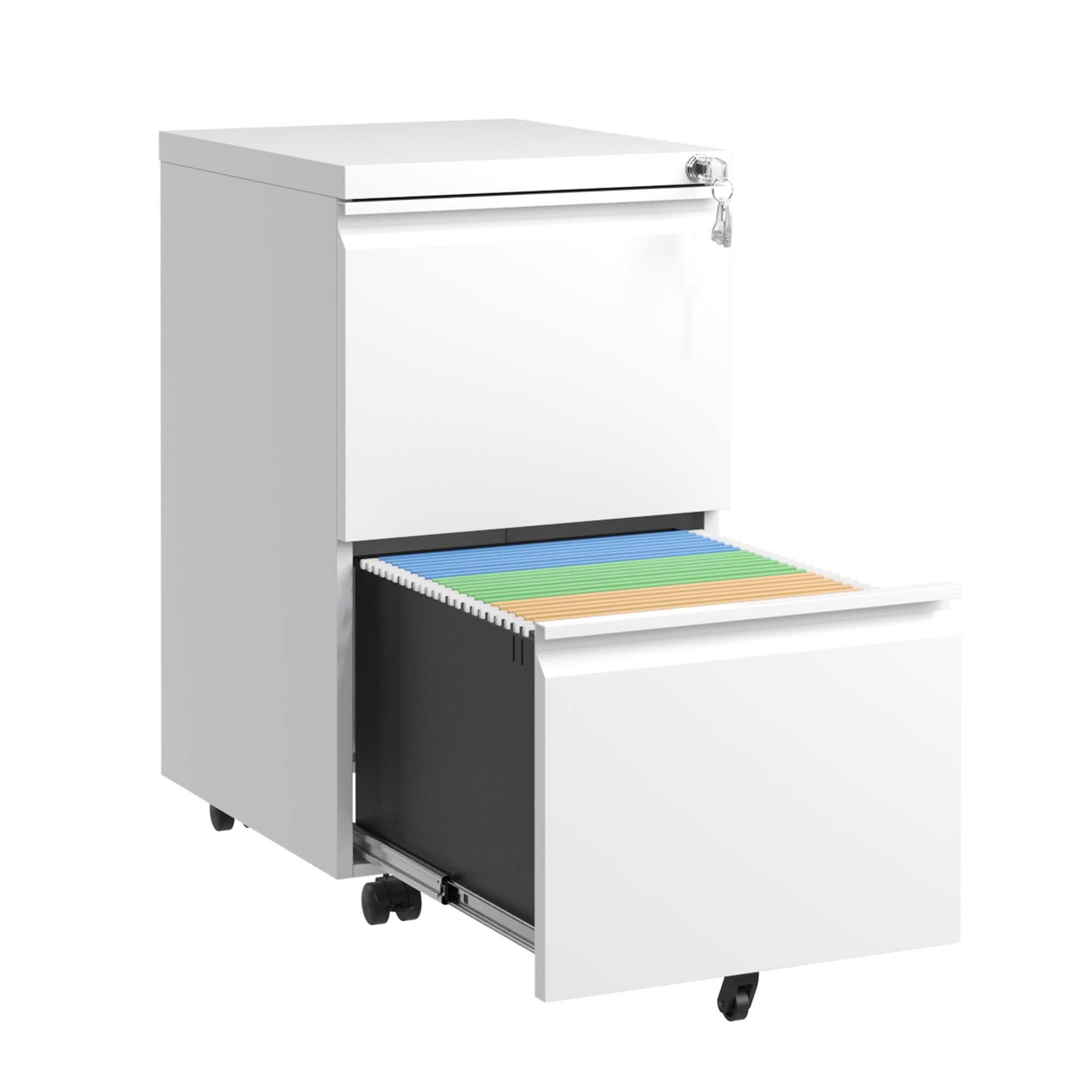 Angle. Mirfee - 2-Drawer Mobile File Cabinet on Wheels, Locking Rolling Organizer, Assembled - Antique White.