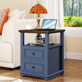 Vipbear - Farmhouse Nightstand with Charging Station 18" White Night Stand Set of 2 Drawers Wood Bedside End Table - Blue