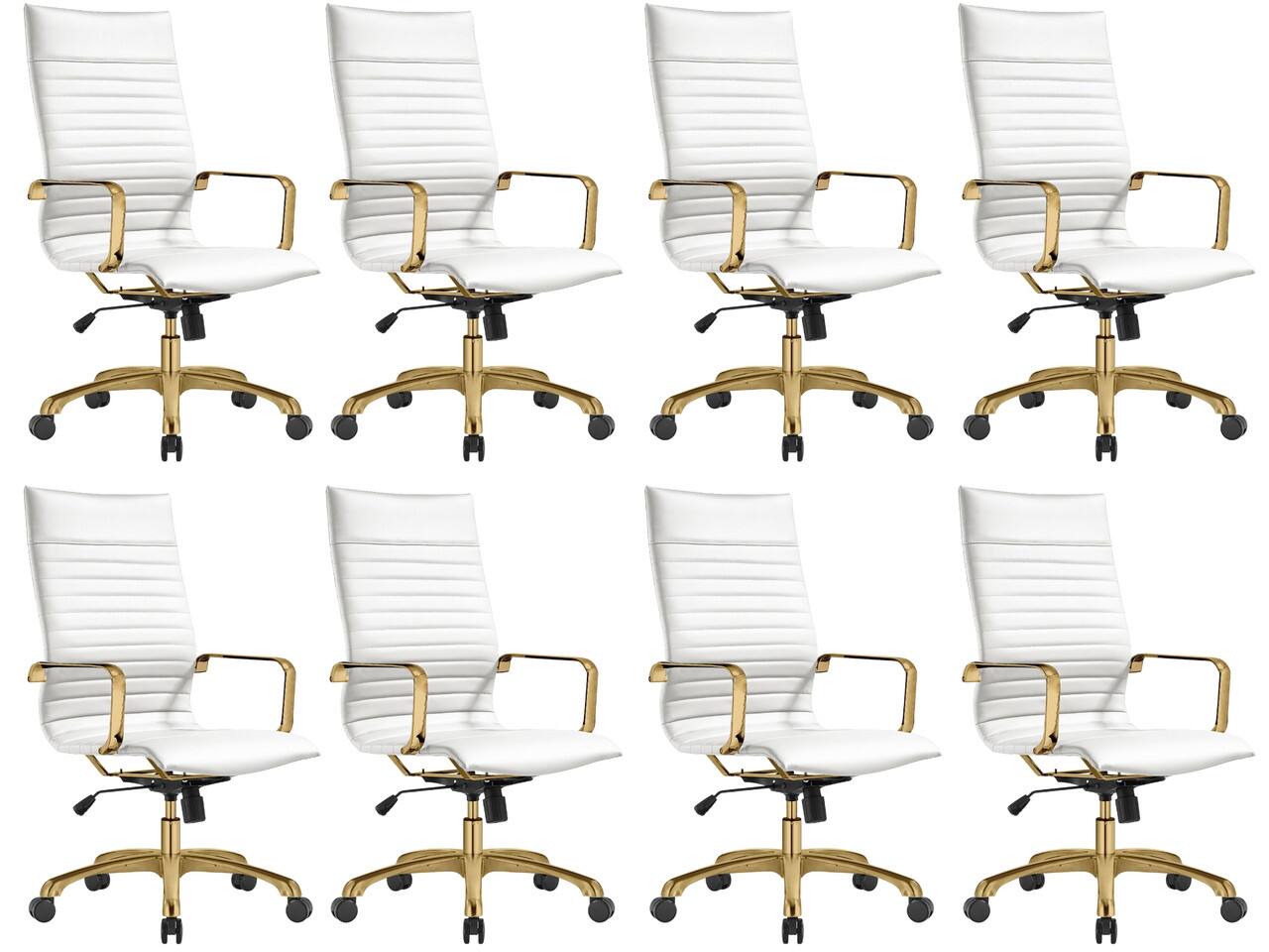 LeisureMod - Set of 8 Harris Modern High-Back Leather Upholstered Office Chair with Tilt & Swivel for Home Office - White