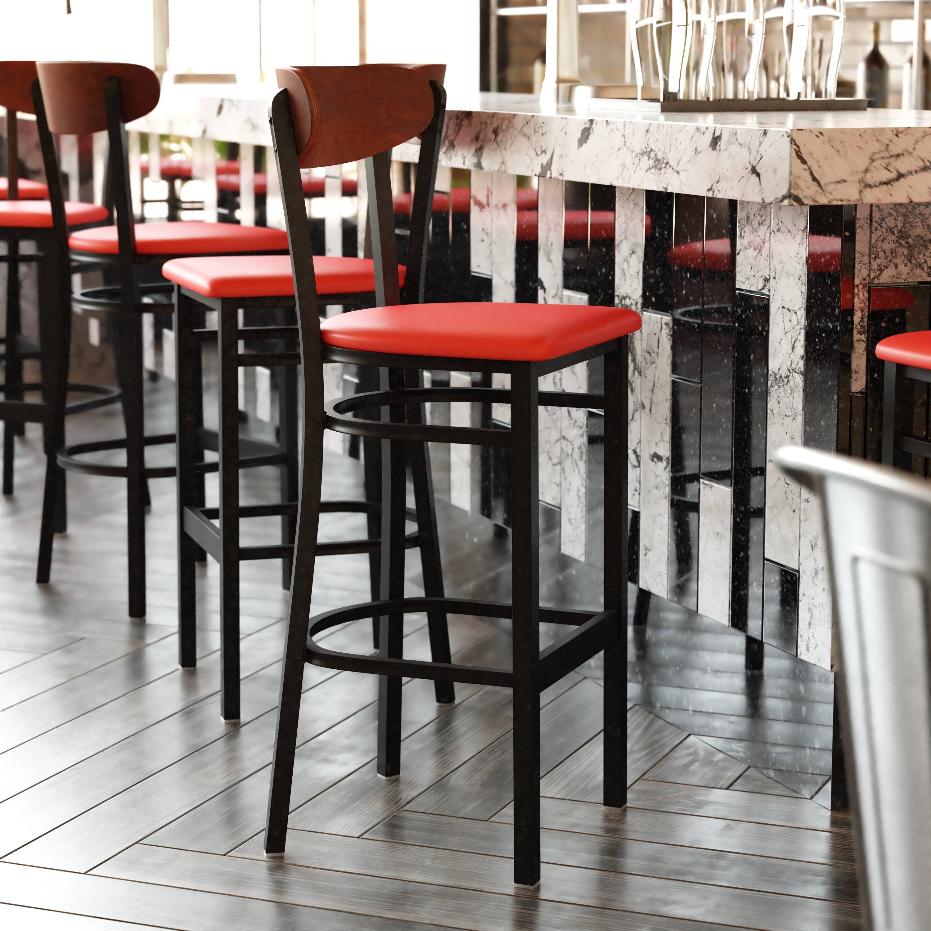 Alt View 12. Alamont Home - Wright Commercial Metal Barstool with Vinyl Seat and Wood Boomerang Back-Red/Walnut - Walnut Wood Back/Red Vinyl Seat.