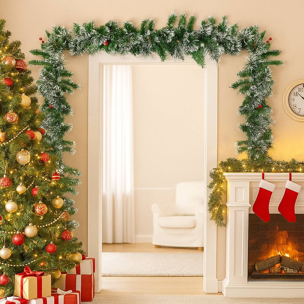 Angle. BreeBe - Christmas Garland 9ft Snowy with Lights and Berries Décor - Green.