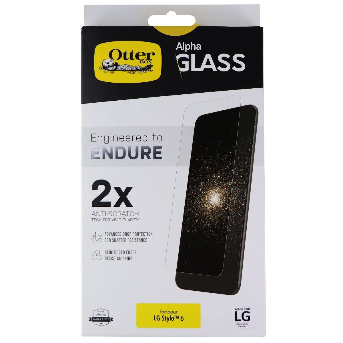 Alpha Otter BOX GLASS Engineered to ENDURE 2x ANTI-SCRATCH TECH FOR VIVID CLARITY* ADVANCED DROP PROTECTION FOR SHATTER RESISTANCE REINFORCED EDGES RESIST CHIPPING Lifetime WARRANTY for/pour LG Stylo™ 6 MADE FOR LG