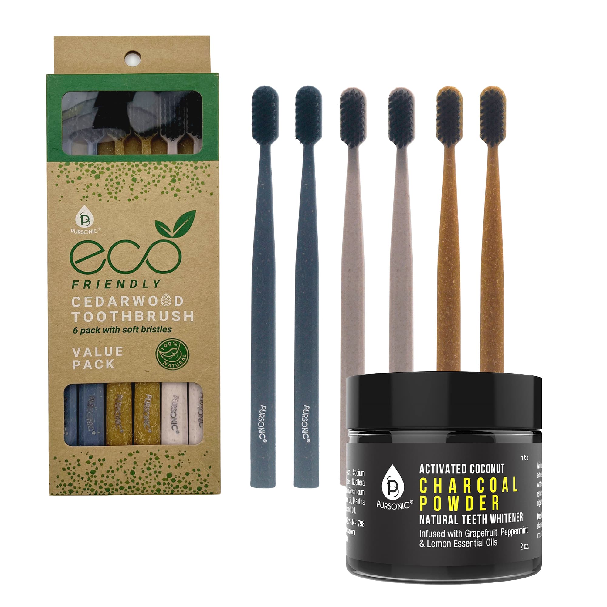 Pursonic - Natural Radiance Combo: Activated Coconut Charcoal Powder Natural Teeth Whitener + 100% Eco-friendly Cedarwood Toothbrus - Multicolor