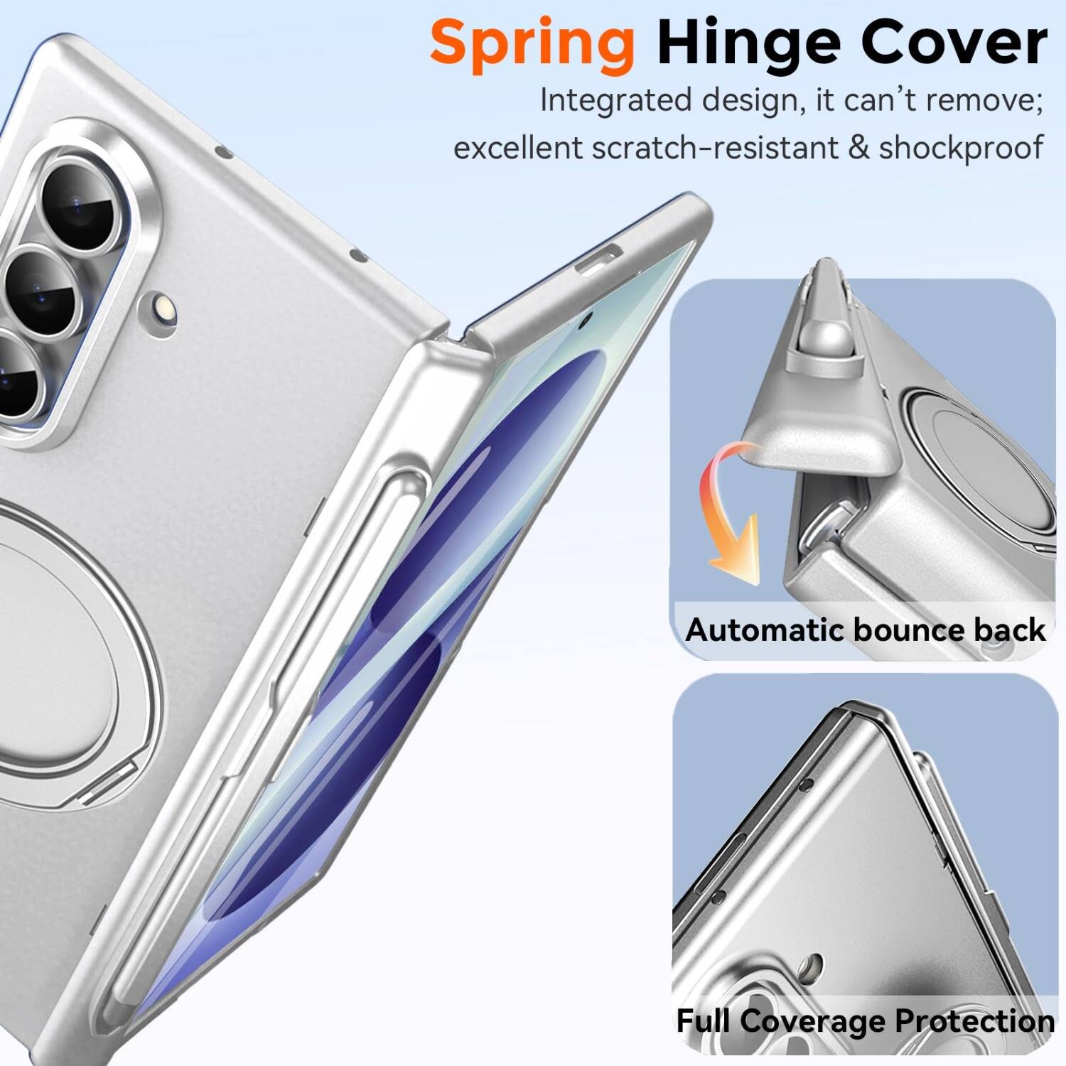 Spring Hinge Cover  
Integrated design, it can't remove; excellent scratch-resistant & shockproof  
Automatic bounce back  
Full Coverage Protection