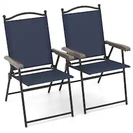 Costway - Patio Folding Chairs Set of 2 with Armrests Outdoor Portable Camping Chairs - Navy