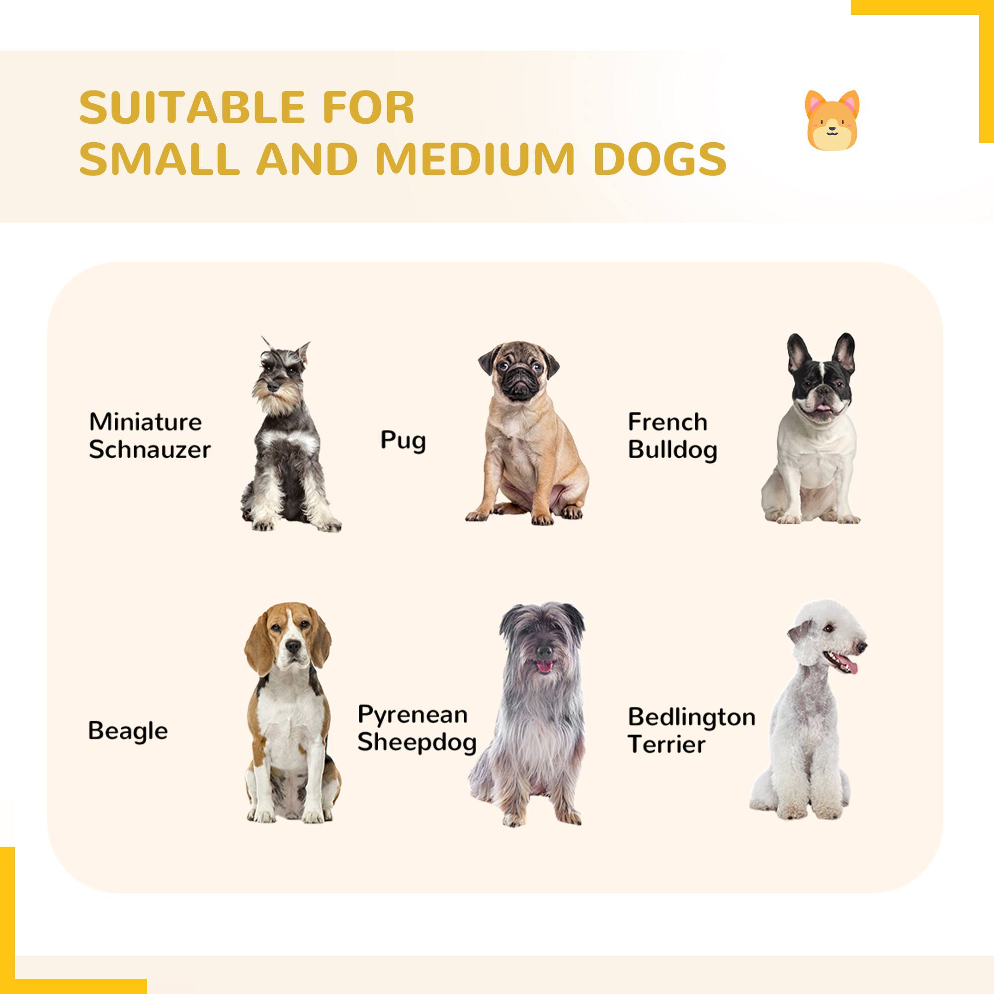 SUITABLE FOR SMALL AND MEDIUM DOGS

- Miniature Schnauzer
- Pug
- French Bulldog
- Beagle
- Pyrenean Sheepdog
- Bedlington Terrier