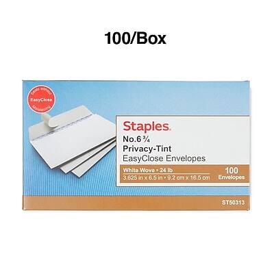 100/Box  
Staples  
No. 6%  
Privacy-Tint EasyClose Envelopes  
White Wove - 24 lb  
3.625 in x 6.5 in (9.2 cm x 16.5 cm)  
100 Envelopes  
ST50313