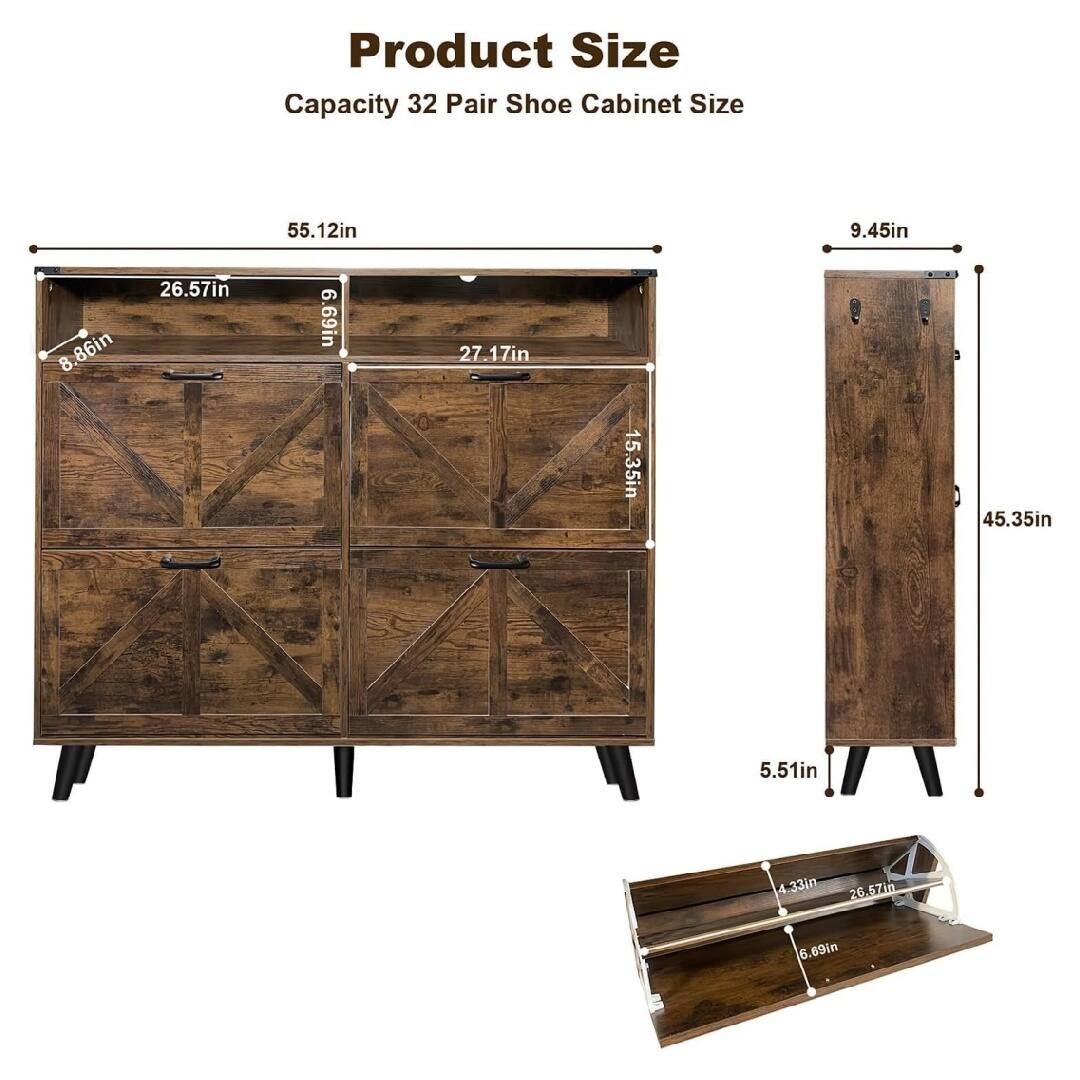 Product Size  
Capacity 32 Pair Shoe Cabinet Size  
55.12in x 9.45in x 8.86in x 26.57in x 6.69in x 27.17in x 15.35in x 45.35in x 5.51in x 4.33in x 26.57in x 6.69in