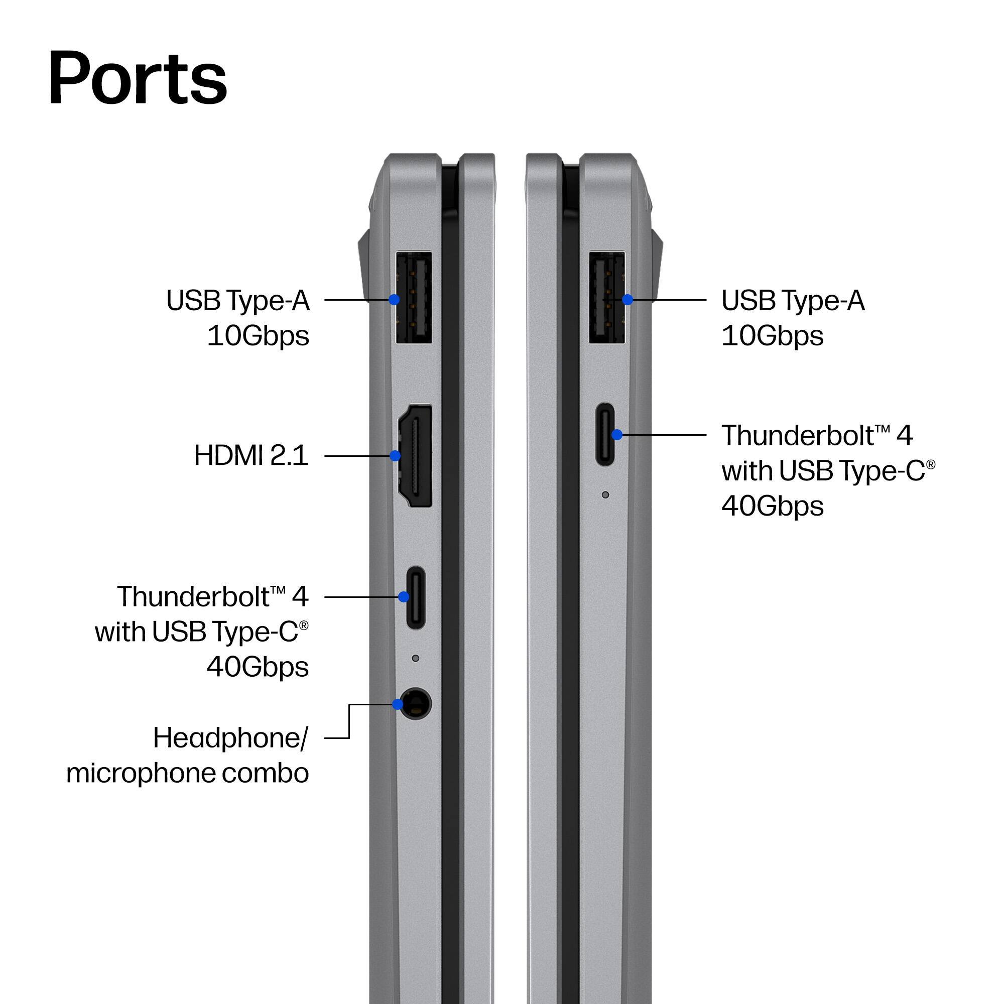 Ports

- USB Type-A 10Gbps
- HDMI 2.1
- Thunderbolt™ 4 with USB Type-C® 40Gbps
- Headphone/ microphone combo

- USB Type-A 10Gbps
- Thunderbolt™ 4 with USB Type-C® 40Gbps