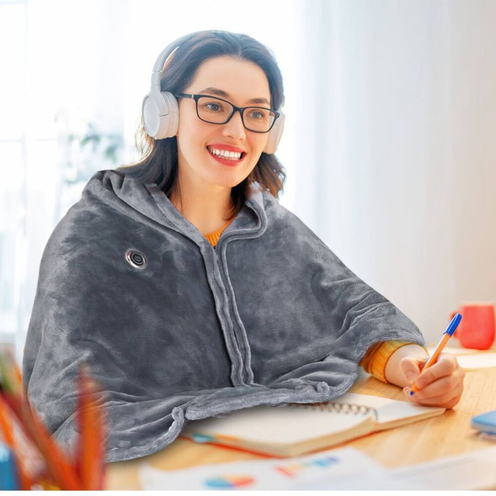 Alt View 7. Loheer - Loheer USB Heated Blanket With Zipper Poncho Shawl 59x31in Grey - Grey.
