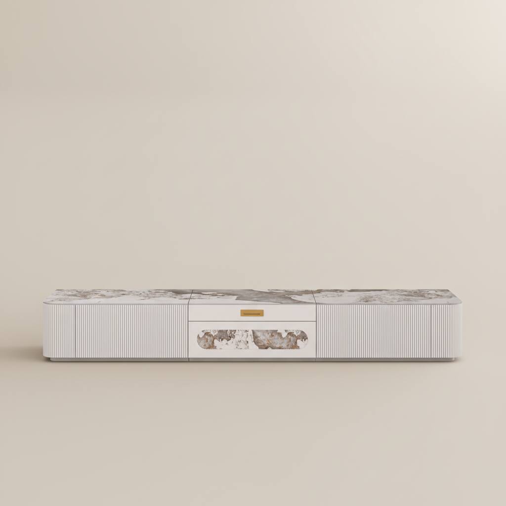 Alt View 8. POVISON - 79" Modern Low Profile TV Stand with Ultra-short Throw Projector Platform, Fluted TV Console with White Sintered Stone - Pandora & White.