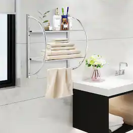 Gymax - Wall Mount Shower Organizer Holder 2-Tier Bathroom Rack Storage Toilet Towel Bar - White