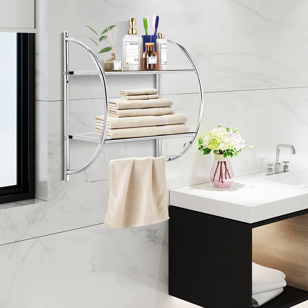 Front. Gymax - Gymax Wall Mount Shower Organizer Holder 2-Tier Bathroom Rack Storage Toilet Towel Bar - White.