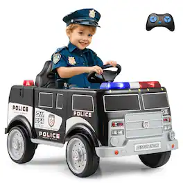 Gymax - Kids Ride on Police Car w/ 3 Speeds Megaphone Music FM Radio Flashing Lights - Black