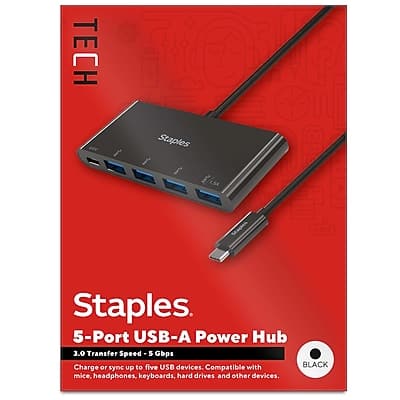 Staples  
5-Port USB-A Power Hub  
3.0 Transfer Speed - 5 Gbps  
Charge or sync up to five USB devices. Compatible with BLACK mice, headphones, keyboards, hard drives, and other devices.