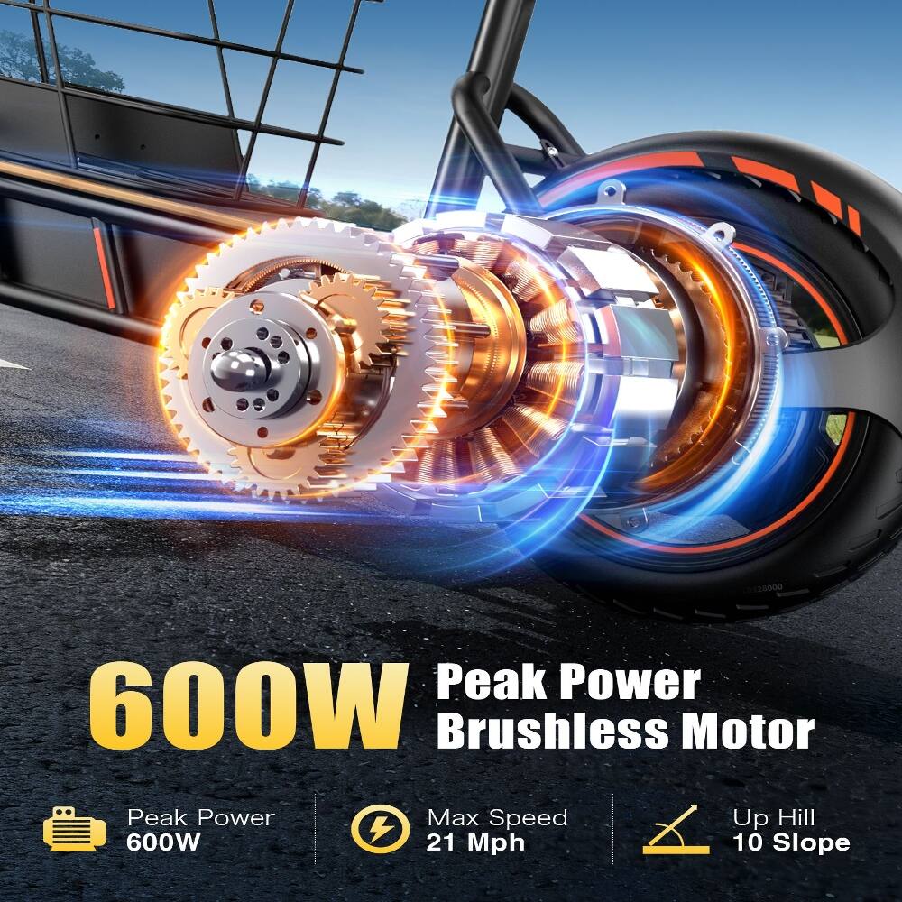 Peak Power 600W Brushless Motor  
Max Speed 21 Mph  
Up Hill 10 Slope
