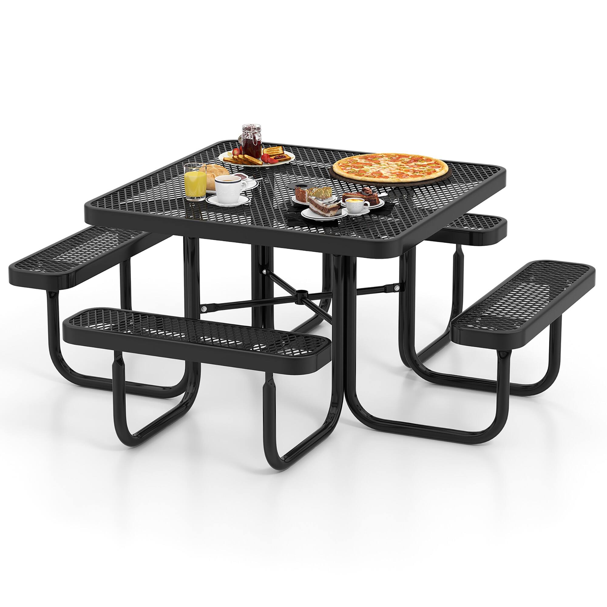 Alt View 8. Gymax - Gymax 46'' Coated Steel Camping Table w/ Seats Heavy Duty Picnic Table & Bench for 8 - Black.
