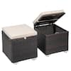 Front. Nuu Garden - 2-Piece Wicker Patio Ottomans with Detachable Cushions, Outdoor Wicker Side Tables, Hidden Storage - Black and Beige.