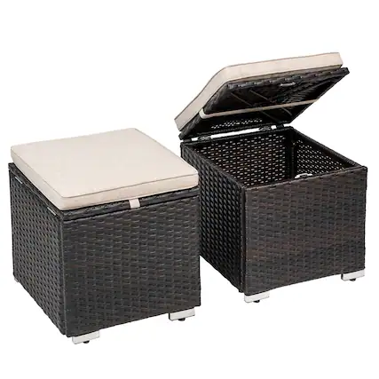 Front. Nuu Garden - 2-Piece Wicker Patio Ottomans with Detachable Cushions, Outdoor Wicker Side Tables, Hidden Storage - Black and Beige.