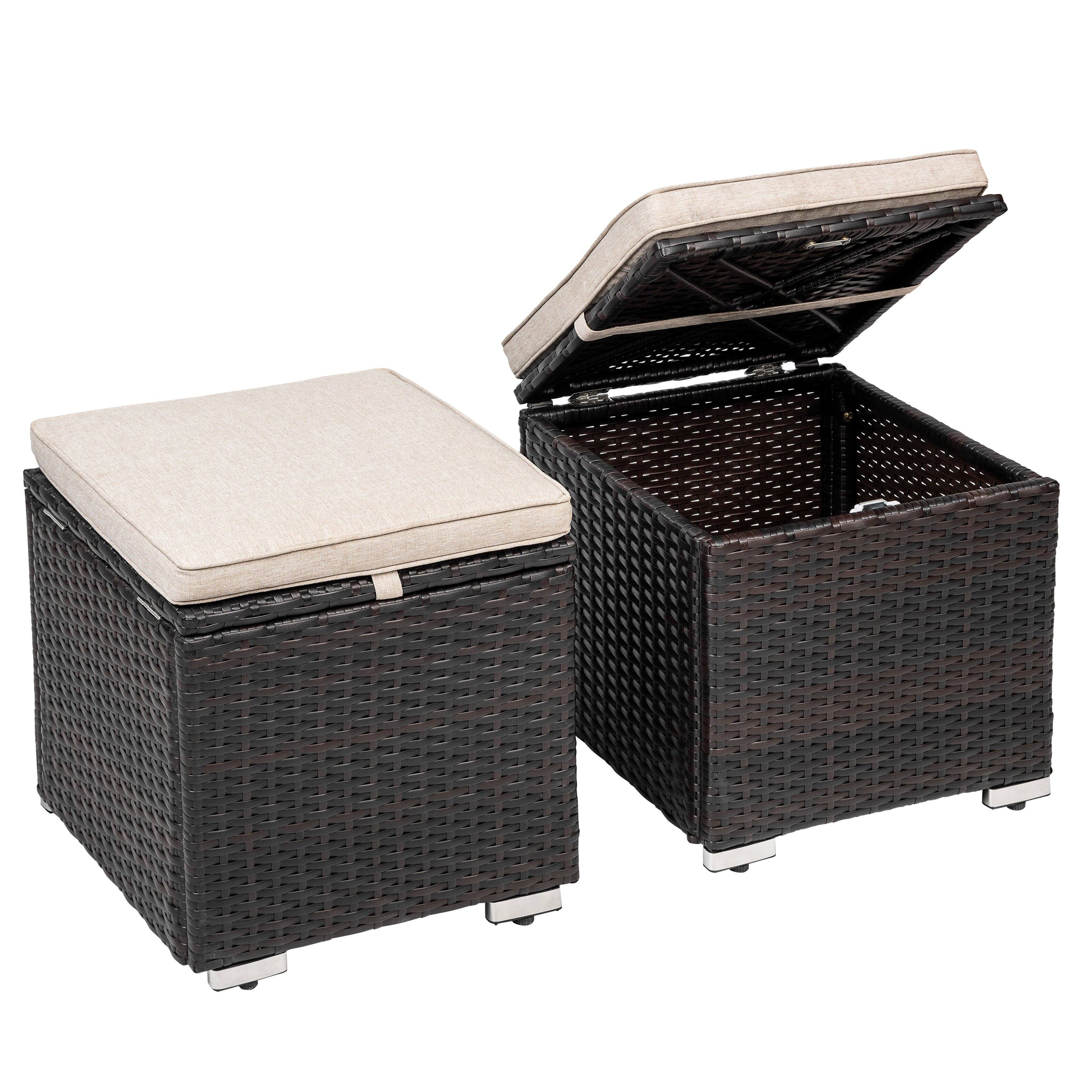 Front. Nuu Garden - 2-Piece Wicker Patio Ottomans with Detachable Cushions, Outdoor Wicker Side Tables, Hidden Storage - Black and Beige.