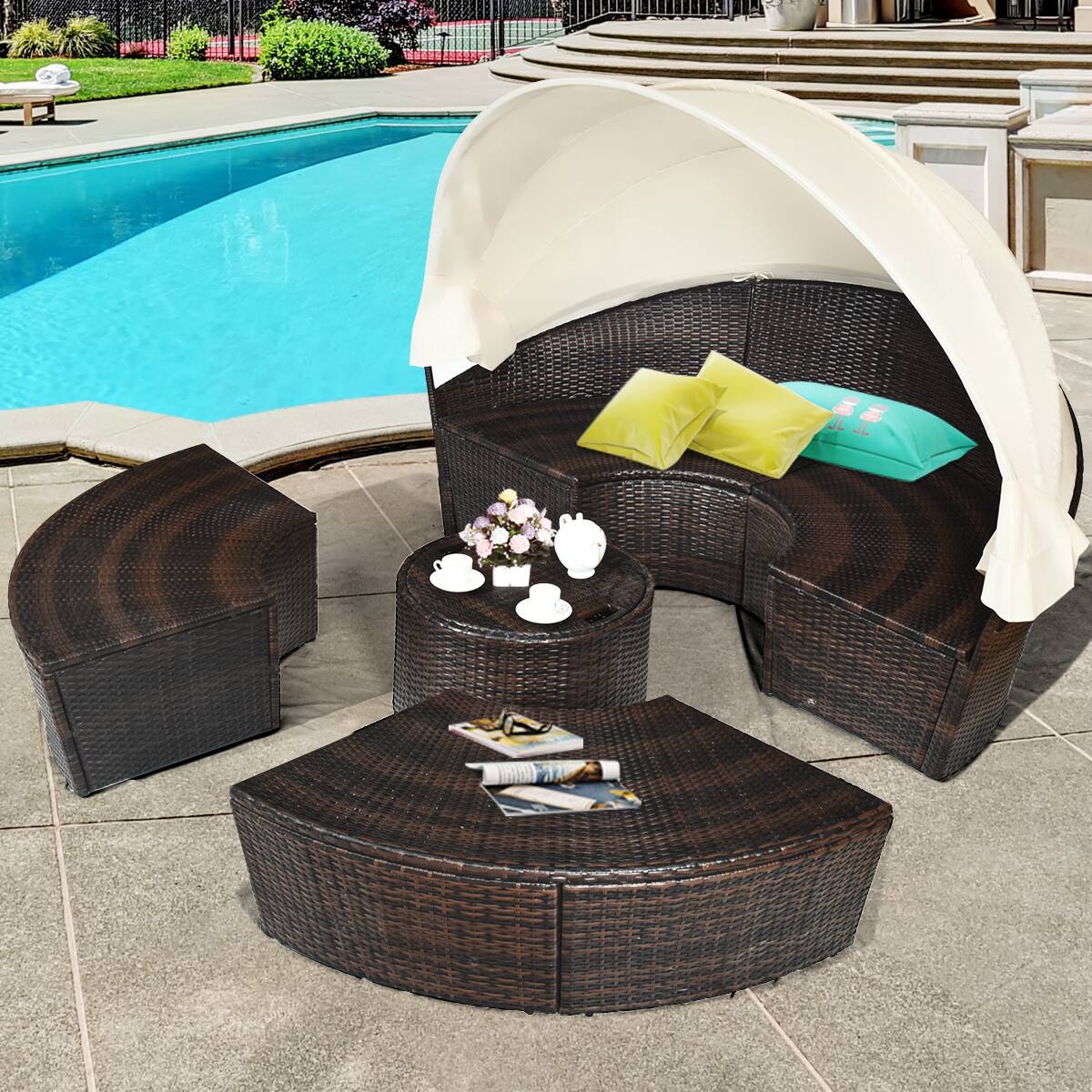 Alt View 2. Costway - Patio Rattan Daybed Cushioned Sofa Adjustable Table Top Canopy 3 Pillows - Brown + White.