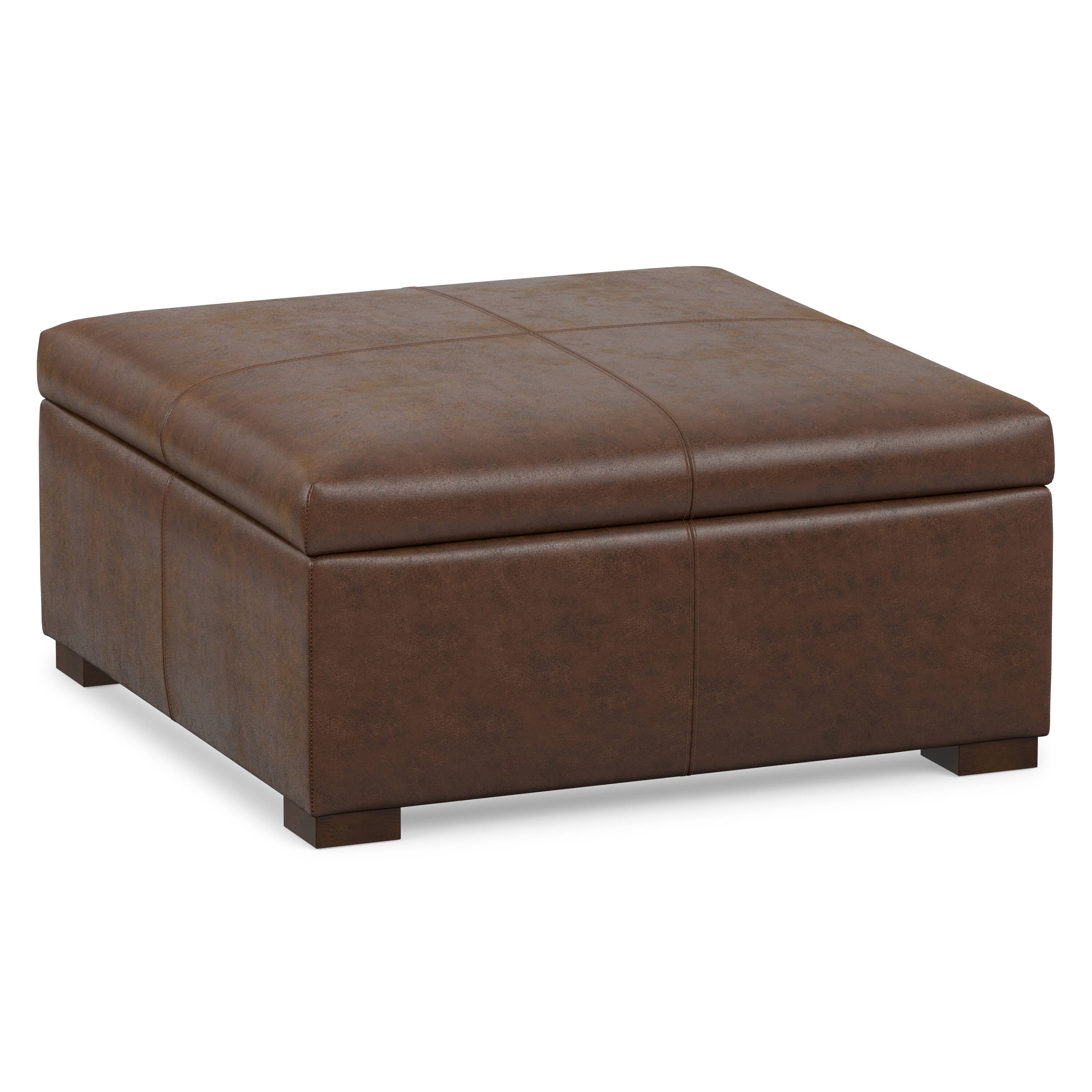 Front. Simpli Home - Gabbie 36 inch Wide Square Coffee Table Storage Ottoman in Distressed Chestnut Brown Vegan Leather - Distressed Chestnut Brown.