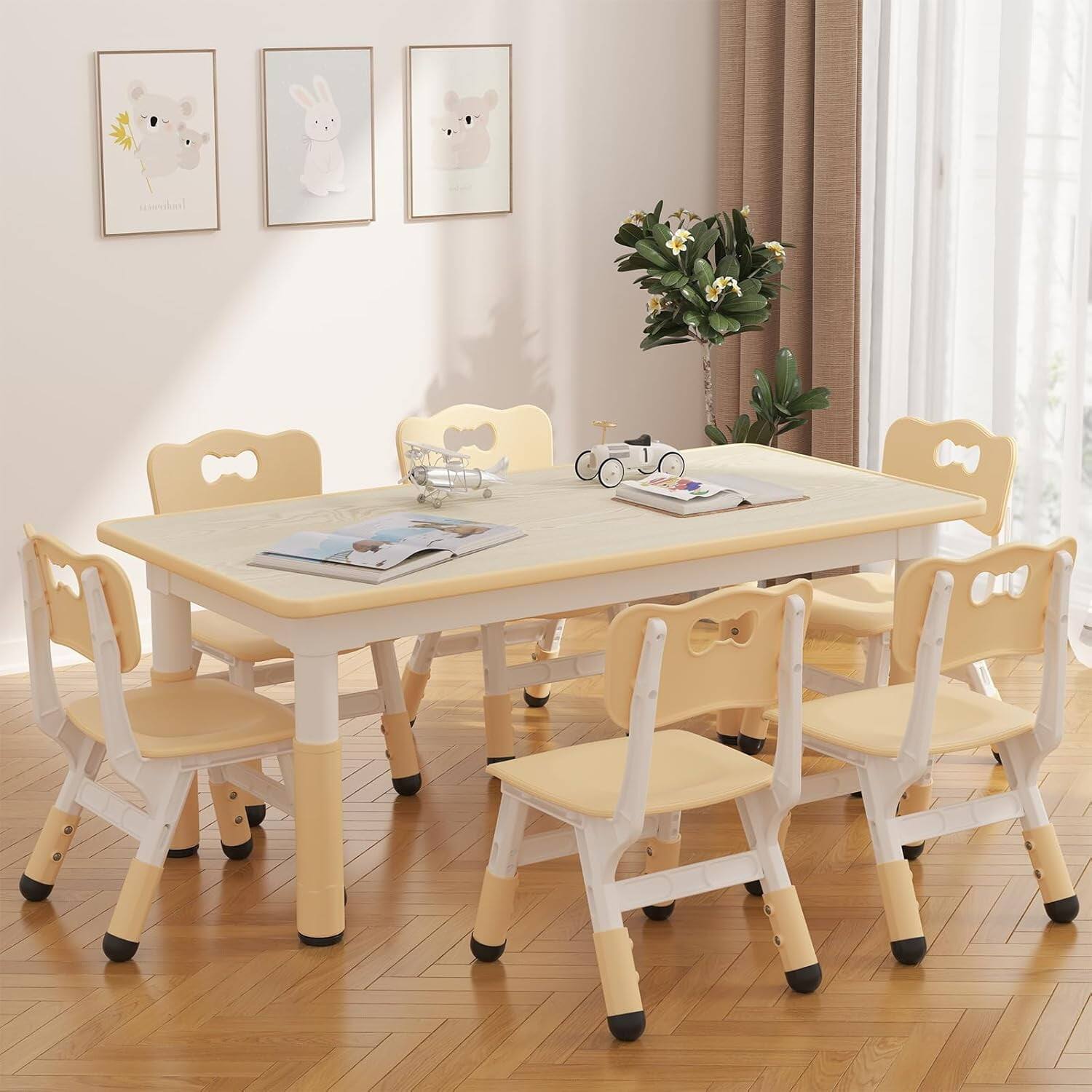Left. Electrodes Masters - 7-Piece Activity Table and Chair Set - Adjustable Height, Light Yellow Design for Group Activities - Light Yellow.