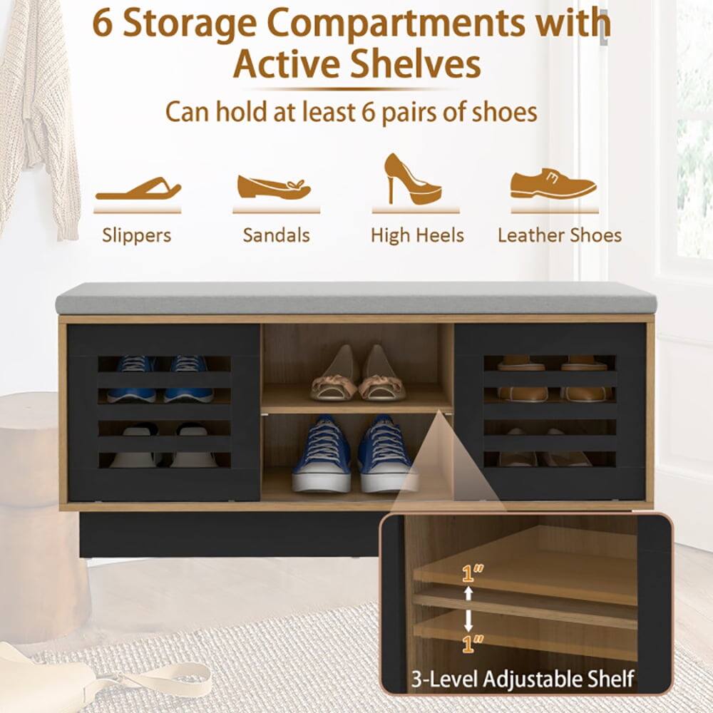 6 Storage Compartments with Active Shelves  
Can hold at least 6 pairs of shoes  
Slippers  
Sandals  
High Heels  
Leather Shoes  
1"  
1"  
3-Level Adjustable Shelf