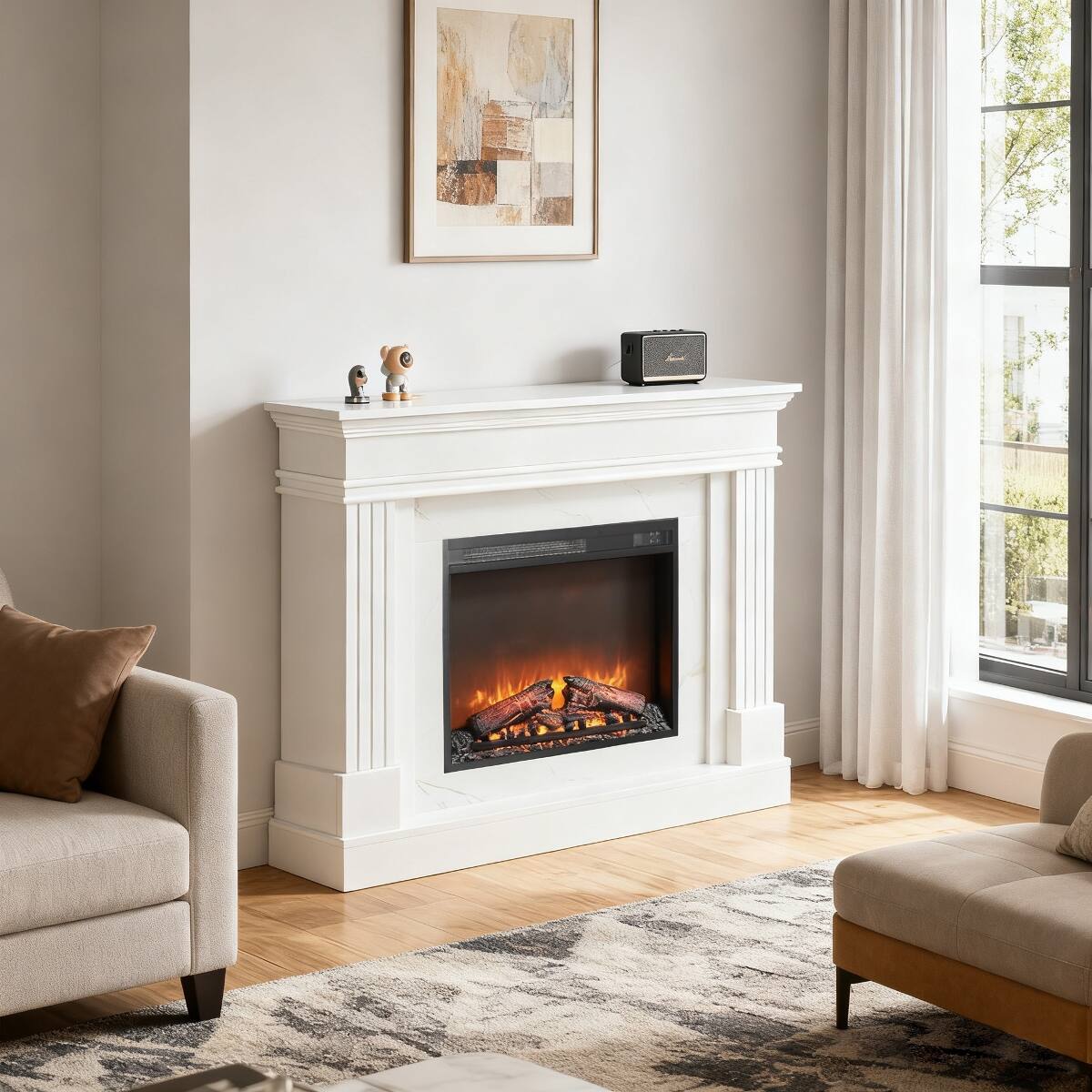Alt View 3. Loheer - Loheer 44 inch electric fireplace with mantel, 23 inch fireplace insert heater, Jasmine White - White.
