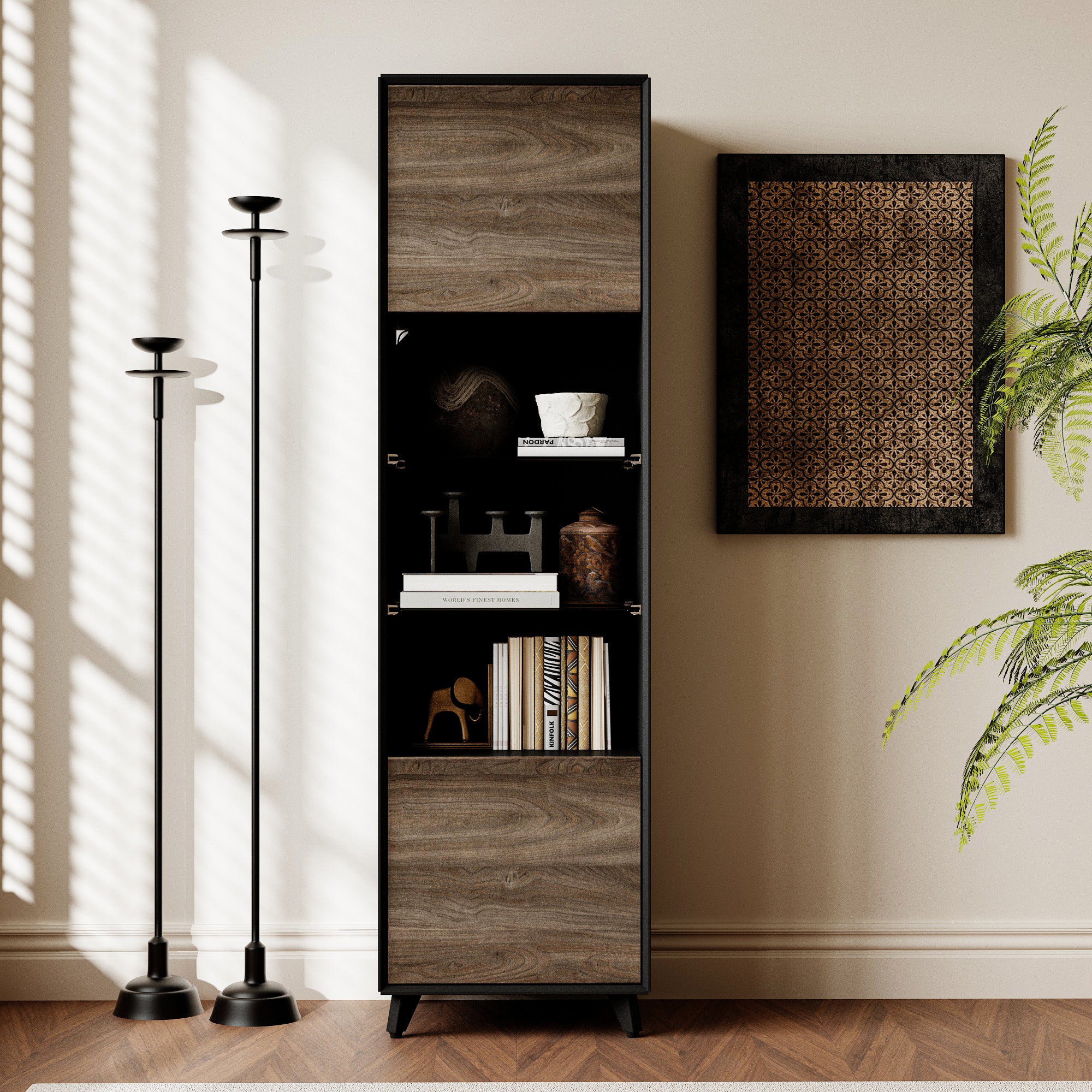 Famapy - Modern Glass Shelf Bookcase with 3-Color LED Lighting, Tempered Glass Shelves, and Multi-Layer Storage - Black & Gray