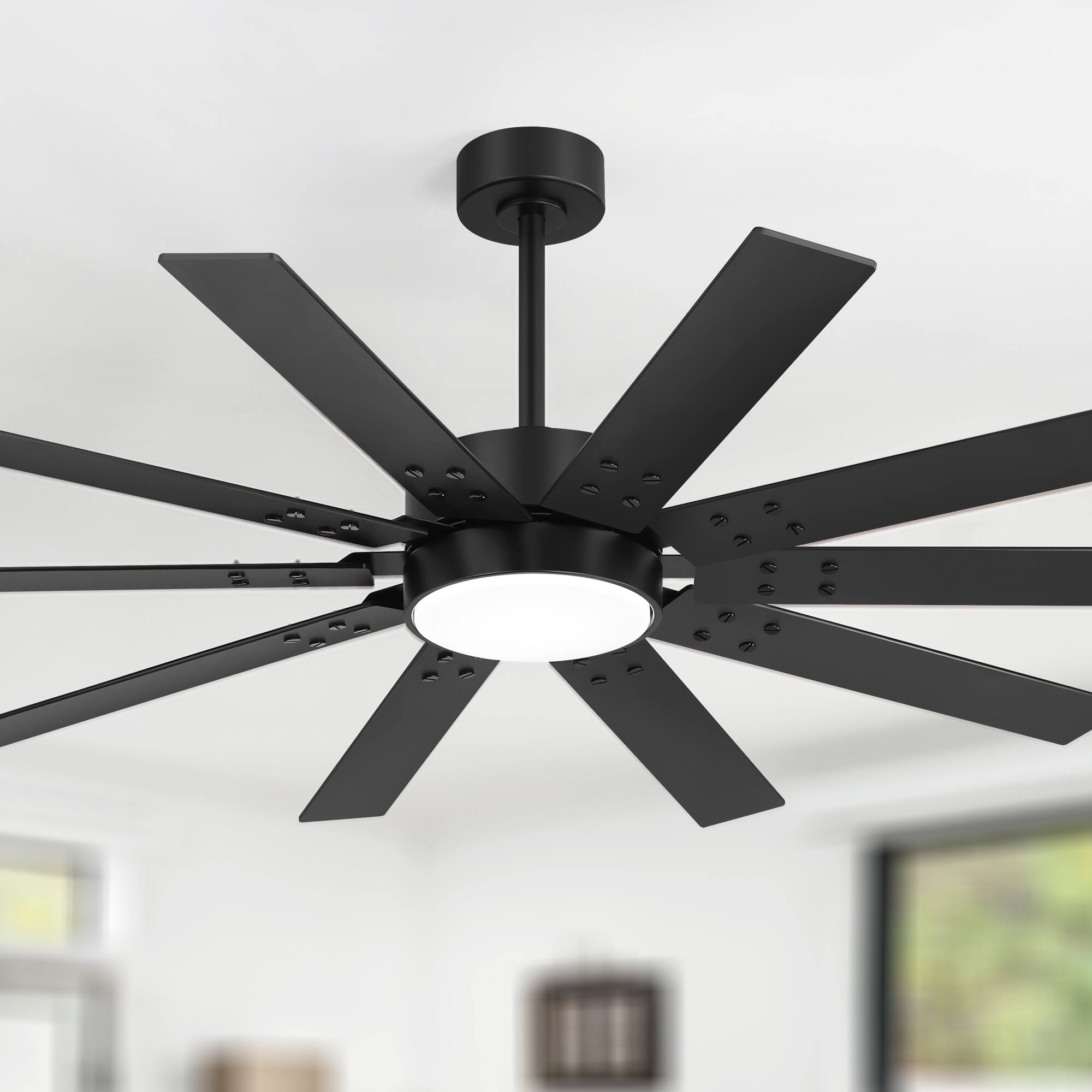 Alt View 8. Breezary - 60-In LED Indoor Ceiling Fan, 10 Plywood Blades, 6-Speed DC Motor,  Remote Control, Multi Timer, 6"/12" Downrods - Black.