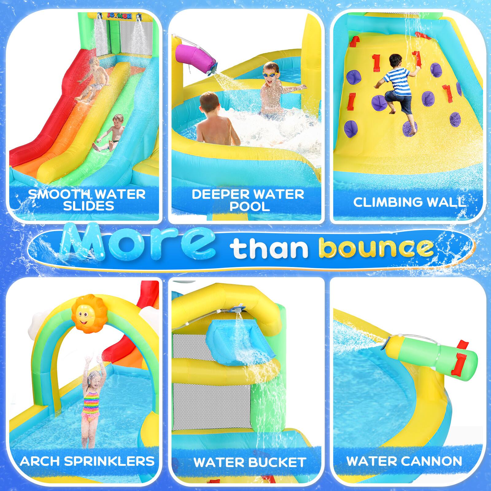 OYMOR SMOOTH WATER SLIDES DEEPER WATER POOL CLIMBING WALL More than bounce ARCH SPRINKLERS WATER BUCKET WATER CANNON