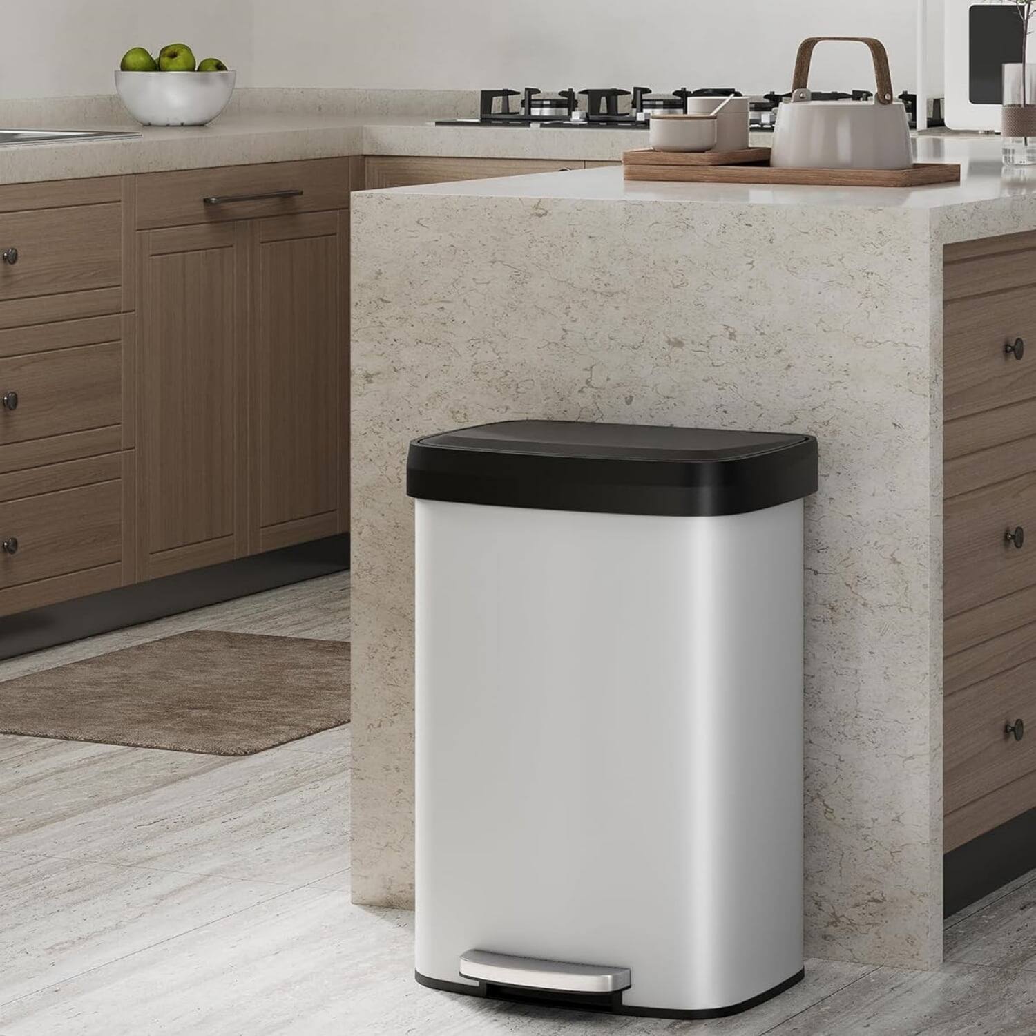 Angle. Homhougo - 50L Step-on Trash Can for Kitchen, with Liner Rim and Soft Close Plastic Lid, Practical Waste Bin, White Color - White.