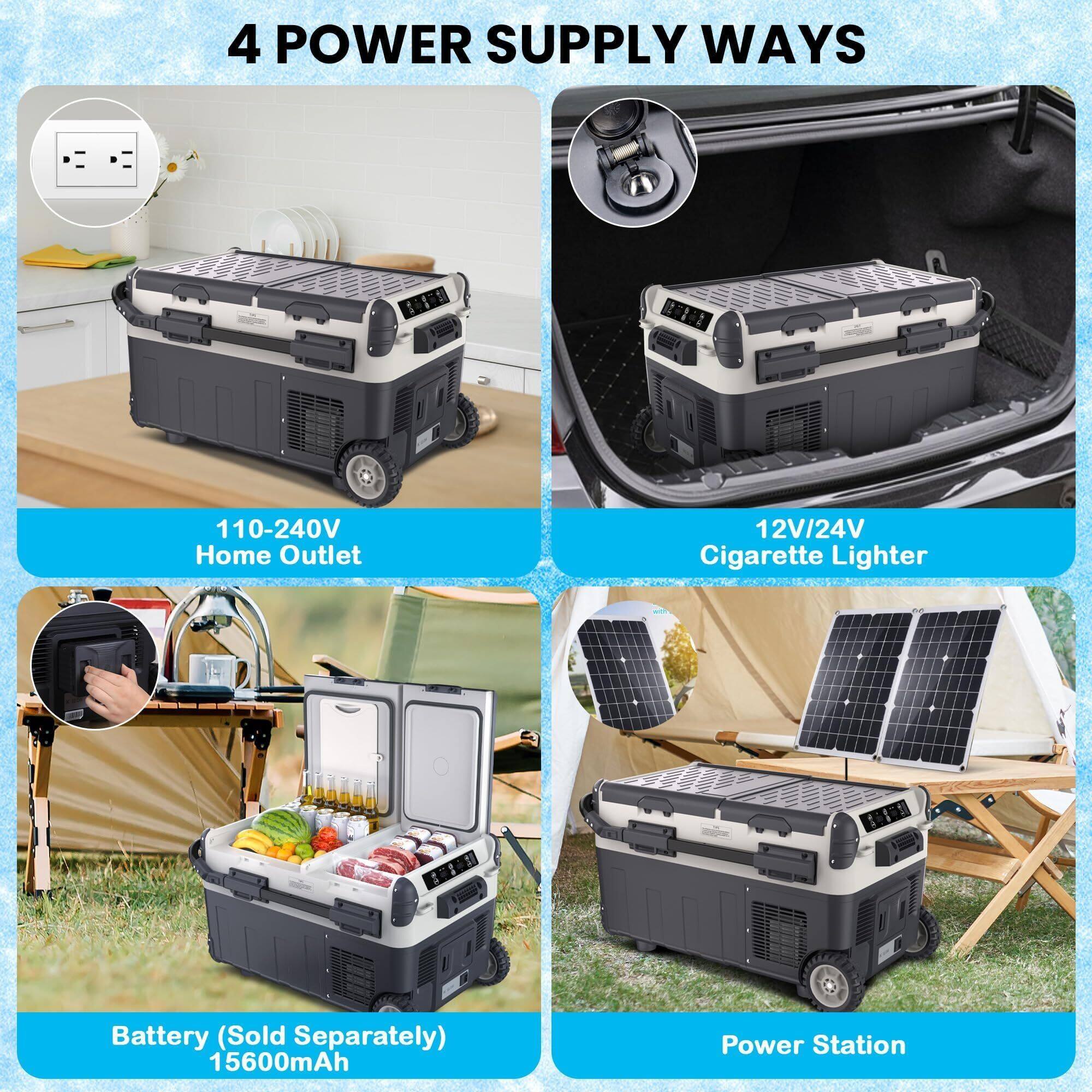 4 POWER SUPPLY WAYS

1. 110-240V Home Outlet
2. 12V/24V Cigarette Lighter
3. Battery (Sold Separately) 15600mAh
4. Power Station