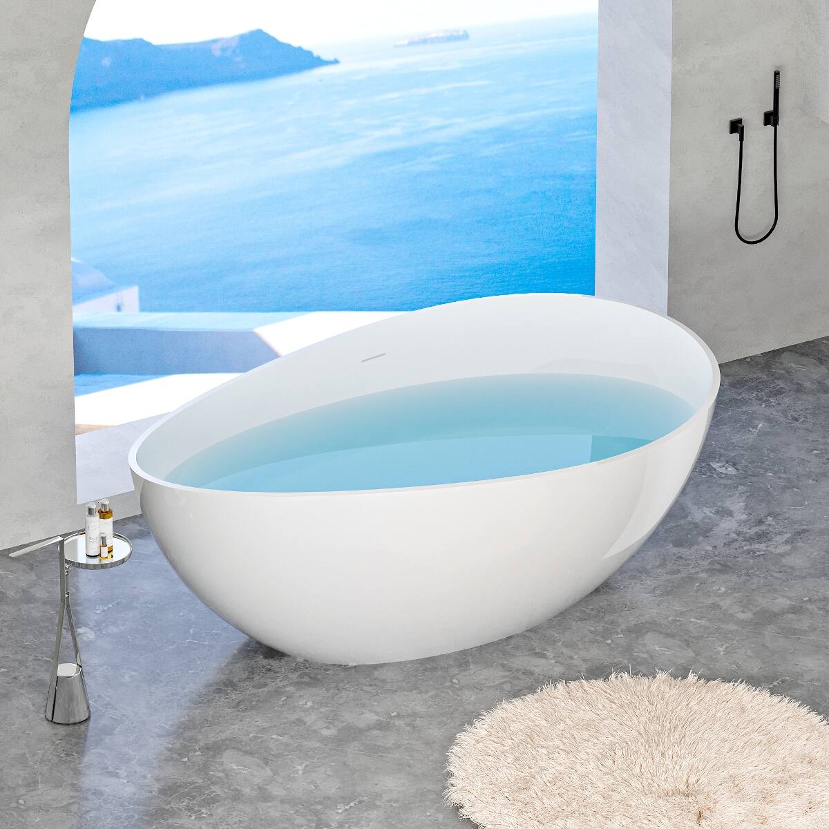 Alt View 4. Loheer - Loheer 63 in Freestanding Solid Surface Soaking Bathtub, Glossy White Stone Resin Tub with Overflow and Pop Up Drain - Glossy White.