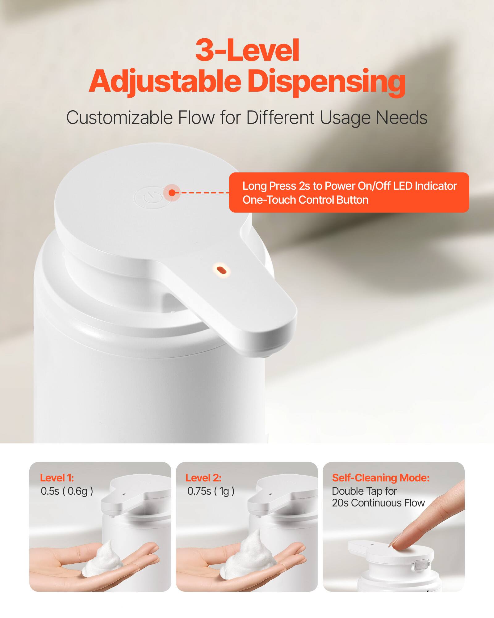3-Level Adjustable Dispensing  
Customizable Flow for Different Usage Needs  

Long Press 2s to Power On/Off LED Indicator  
One-Touch Control Button  

Level 1: 0.5s (0.6g)  
Level 2: 0.75s (1g)  
Self-Cleaning Mode: Double Tap for 20s Continuous Flow