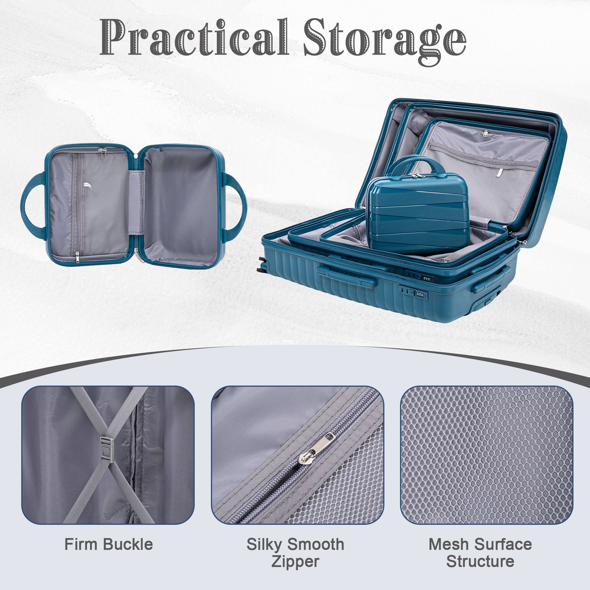 Practical Storage

EU m  
Firm Buckle  
Silky Smooth Zipper  
Mesh Surface Structure