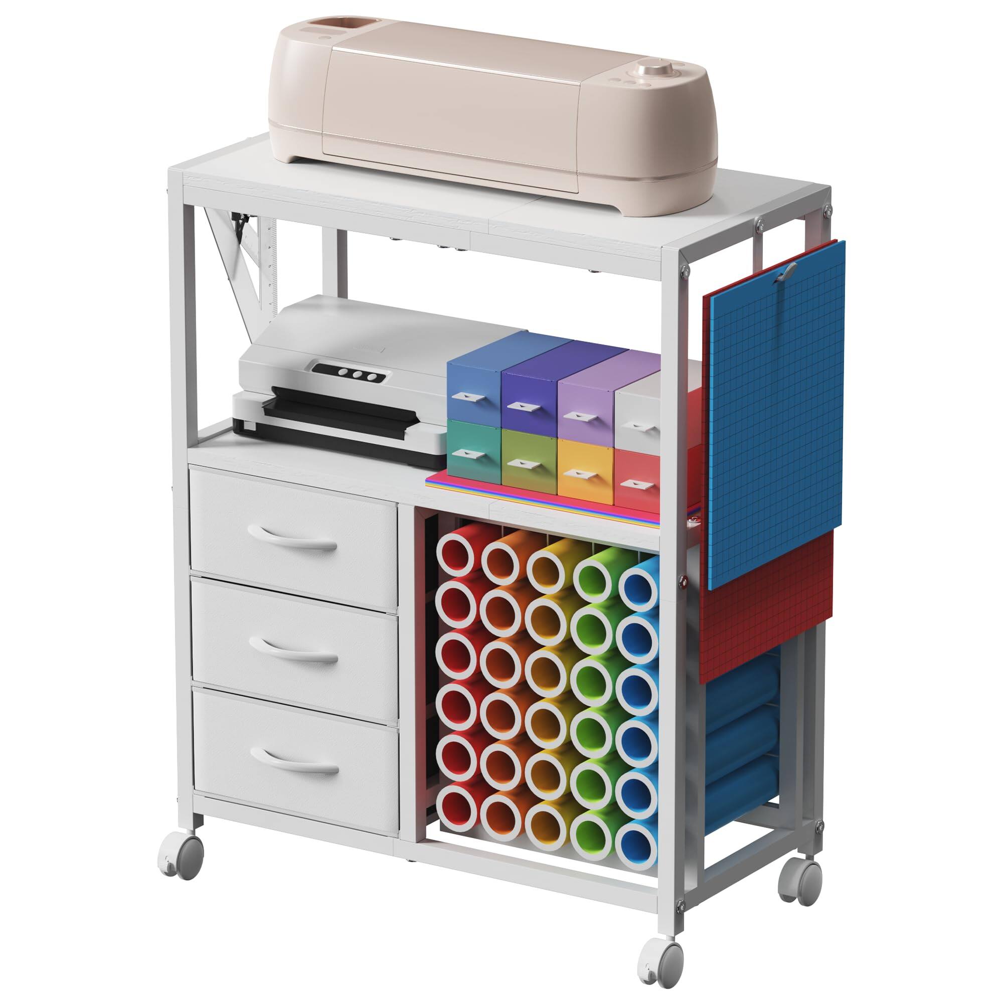 Front. JETRANSPORT - 30 Vinyl Roll Holders For Cricut Cart Rolling Craft With 3 Fabric Drawer Organization And Storage - White Large.