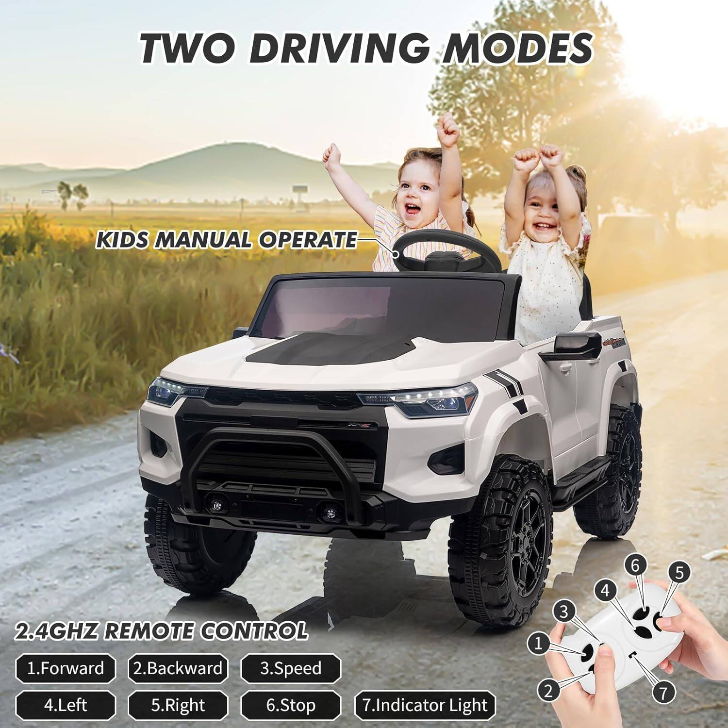 TWO DRIVING MODES

KIDS MANUAL OPERATE

2.4GHZ REMOTE CONTROL

1. Forward
2. Backward
3. Speed
4. Left
5. Right
6. Stop
7. Indicator Light