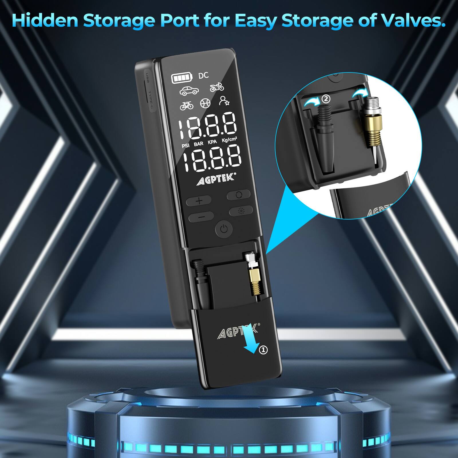 Hidden Storage Port for Easy Storage of Valves.  AGPTEK - DC 18.8.8 Kg/m BAR KPA PSI 18.8.8 AGPTEK + | 2 AGPT  AGPTEK