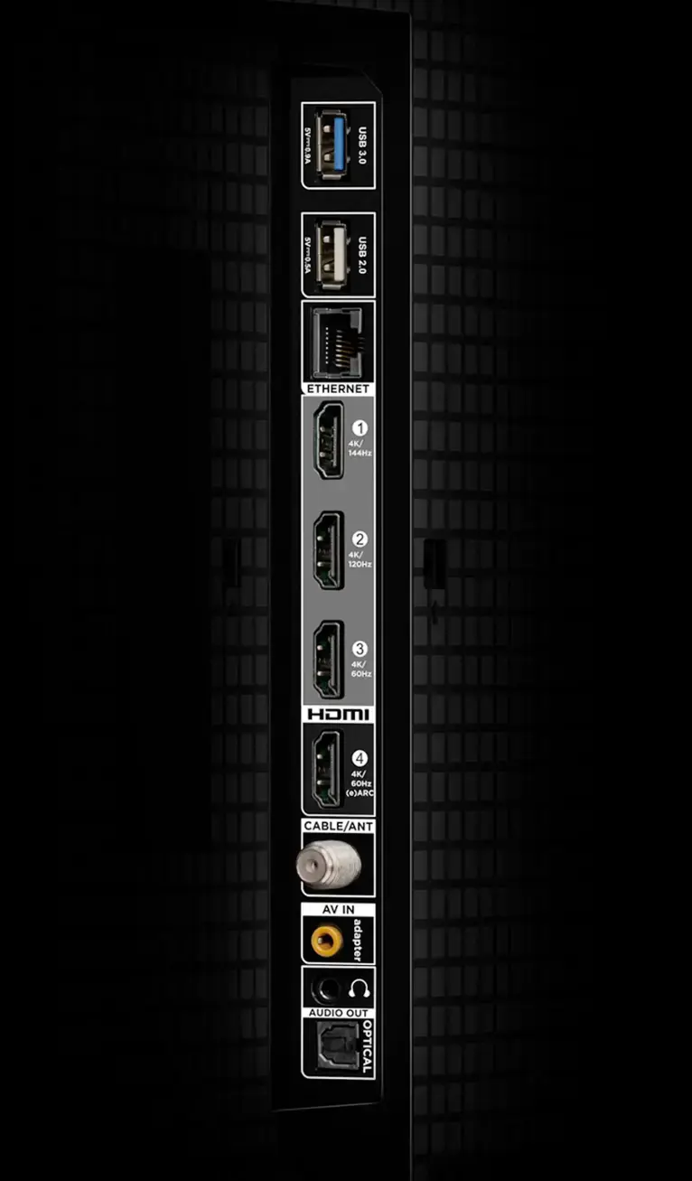The text on the image is grouped and corrected as follows:

1. USB 3.0: SV-0.9A
2. USB 2.0: SV-m0SA
3. Ethernet: 1
4. 4K/144Hz: 2
5. 4K/120Hz: 3
6. 4K/60Hz: 4
7. HDMI: 4
8. 4K/60Hz: (#)ARC CABLE/ANT VA IN adapter
9. Audio Out: OPTICAL
10. Audio In: AUDIO IN adapter
