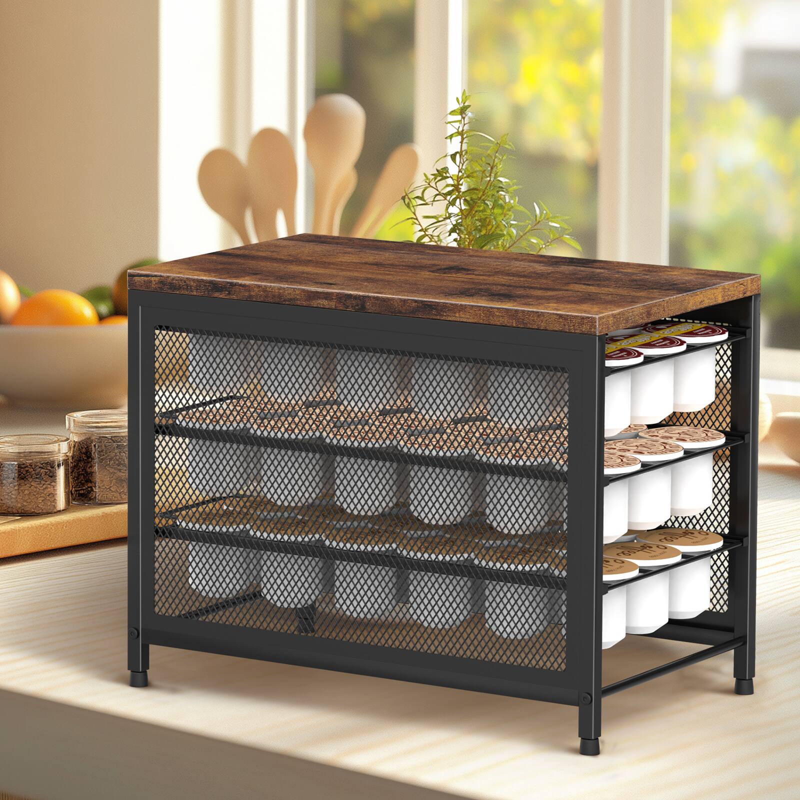 Angle. Oumilen - 3-Tier Pull-Out K-Cup Storage Drawer with Rustic Wood Top.