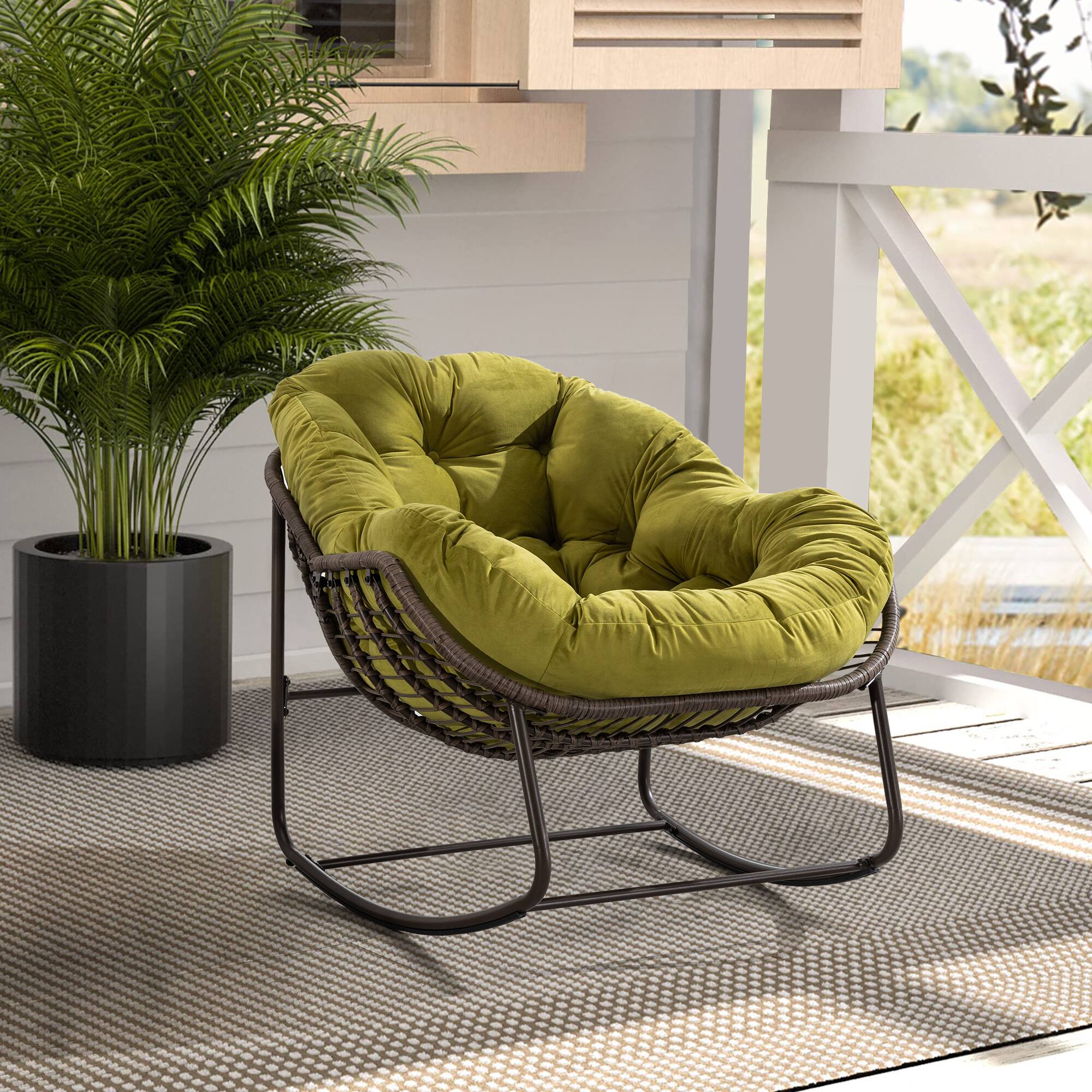 Angle. GOODSILO - Outdoor Rattan Rocking Chair Padded Cushion Rocker Recliner for Porch, Living Room, Patio, Garden - Olive.