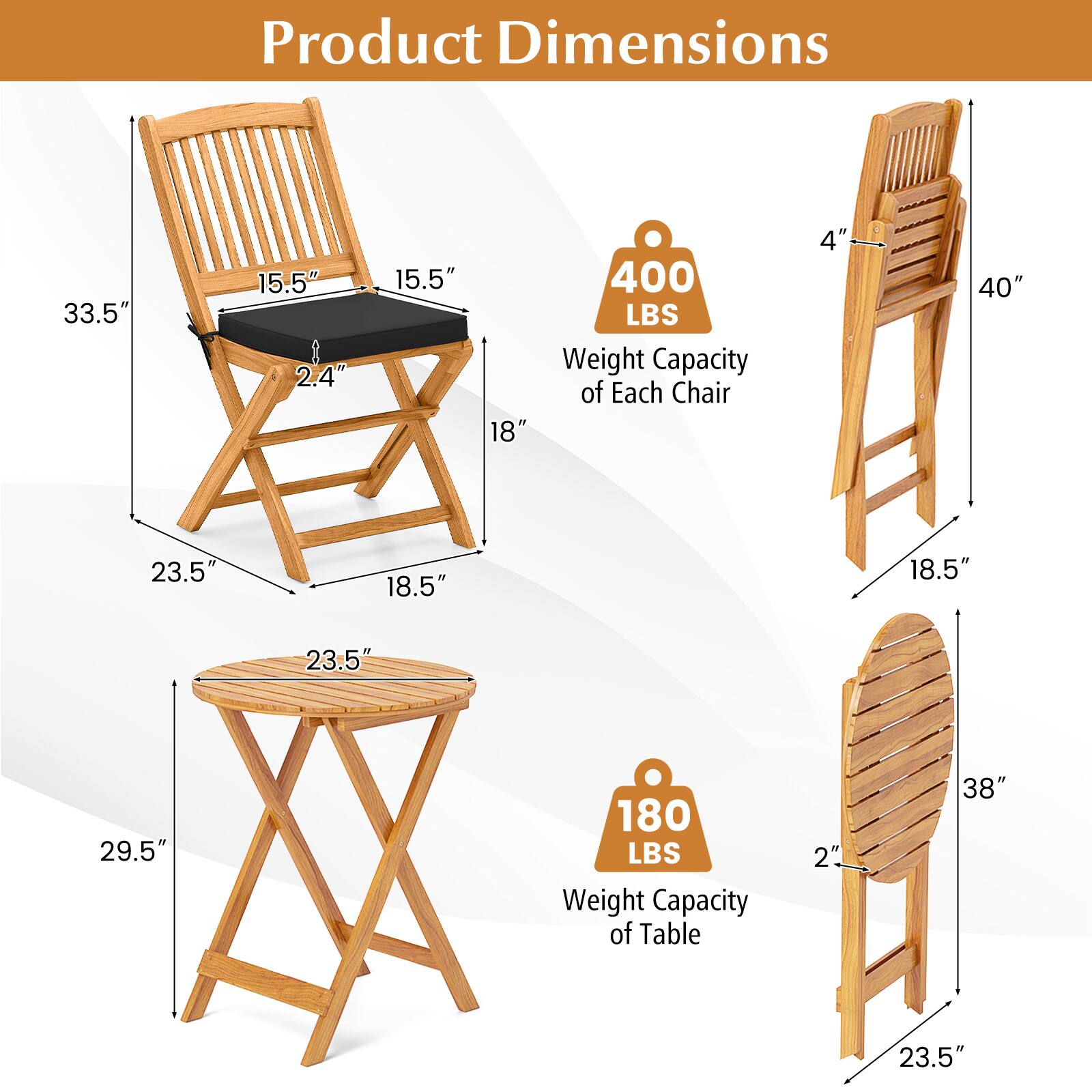 Product Dimensions

- Chair:
  - Height: 40"
  - Width: 18.5"
  - Depth: 23.5"
  - Seat Height: 18"
  - Seat Width: 15.5"
  - Seat Depth: 2.4"
  - Back Height: 15.5"
  - Armrest Height: 4"

- Table:
  - Height: 29.5"
  - Diameter: 23.5"

Weight Capacity:
- Each Chair: 400 LBS
- Table: 180 LBS