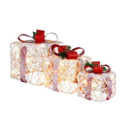 Front. Costway - Set of 3 Christmas Lighted Gift Boxes, Indoor Present Box Holiday Decoration - White/Red.