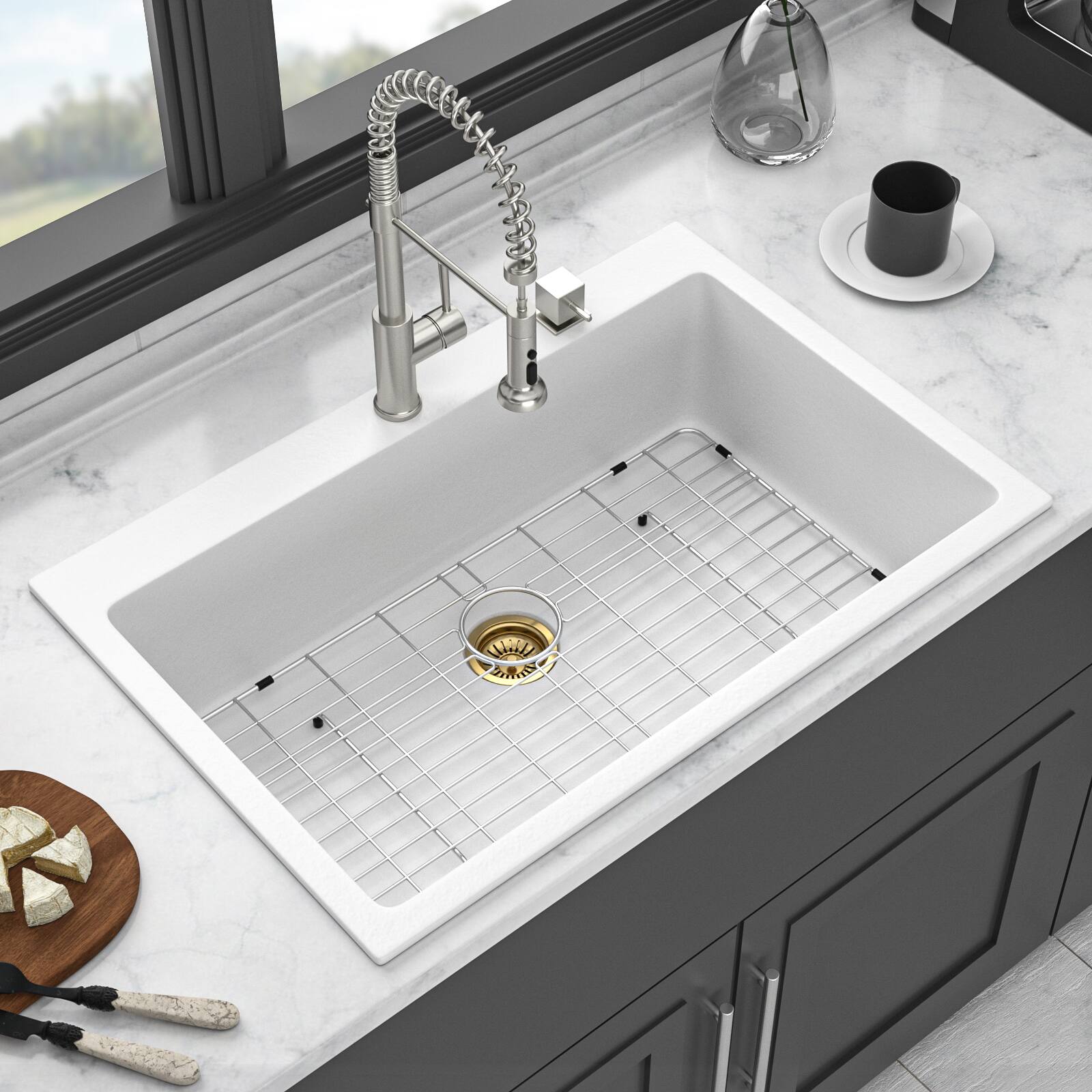Left. Siljoy - Quartz Kitchen Sink - 33" x 22" x 9.65" White granite composite Drop-in kitchen sink - White.