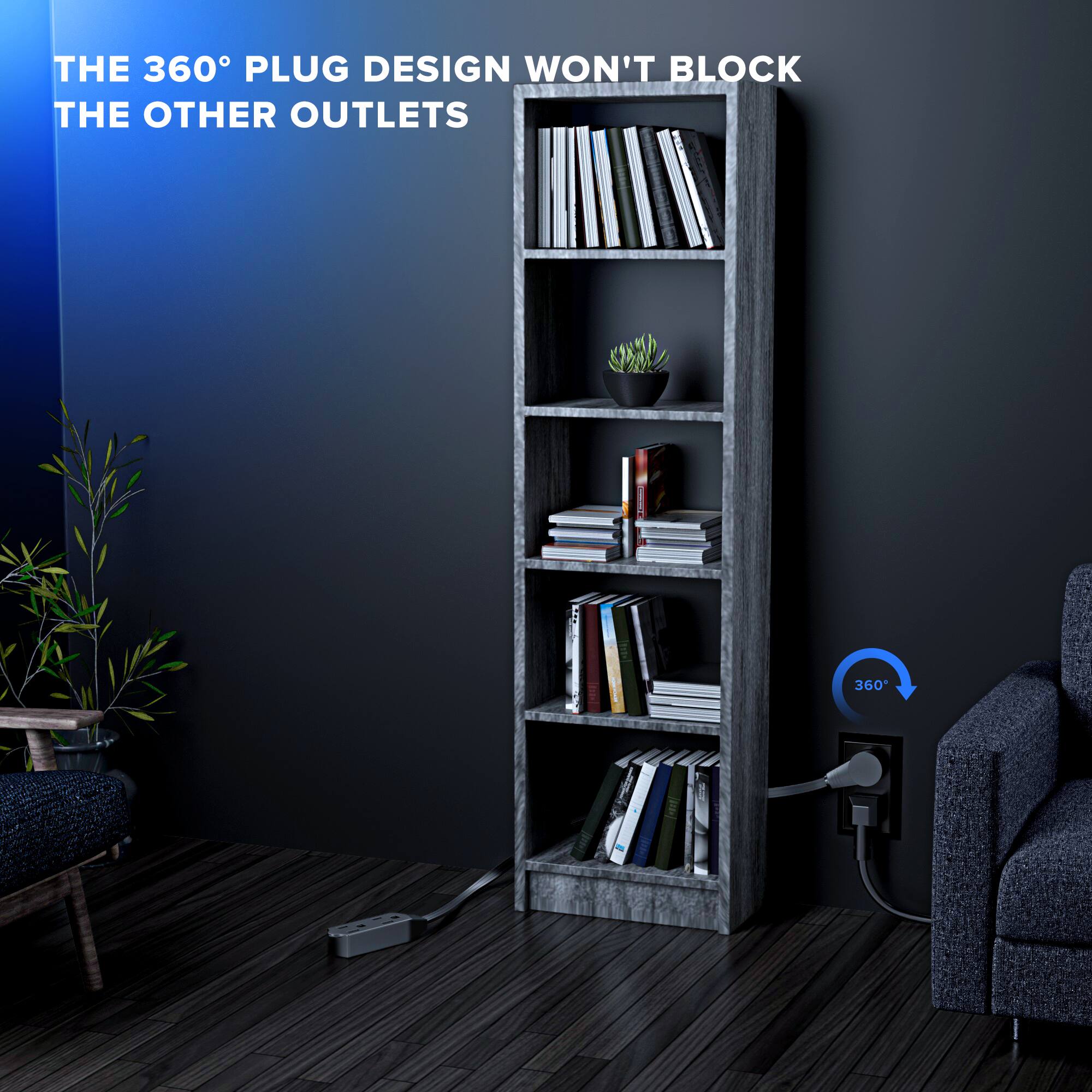 THE 360° PLUG DESIGN WON'T BLOCK THE OTHER OUTLETS ! 360°